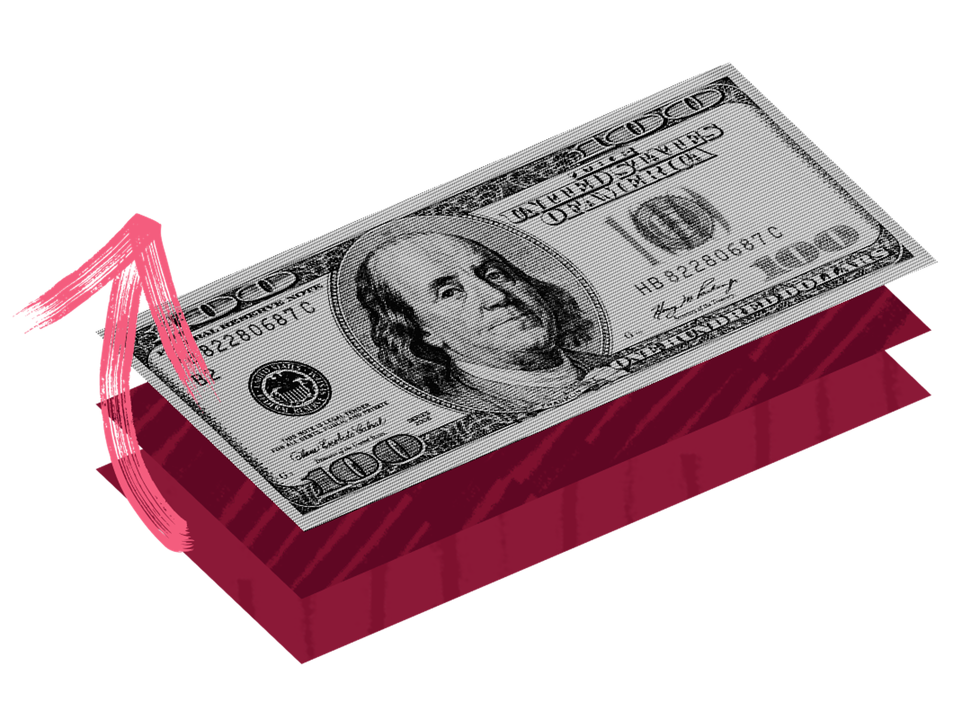 A stack of hundred dollar bills with an arrow pointing up