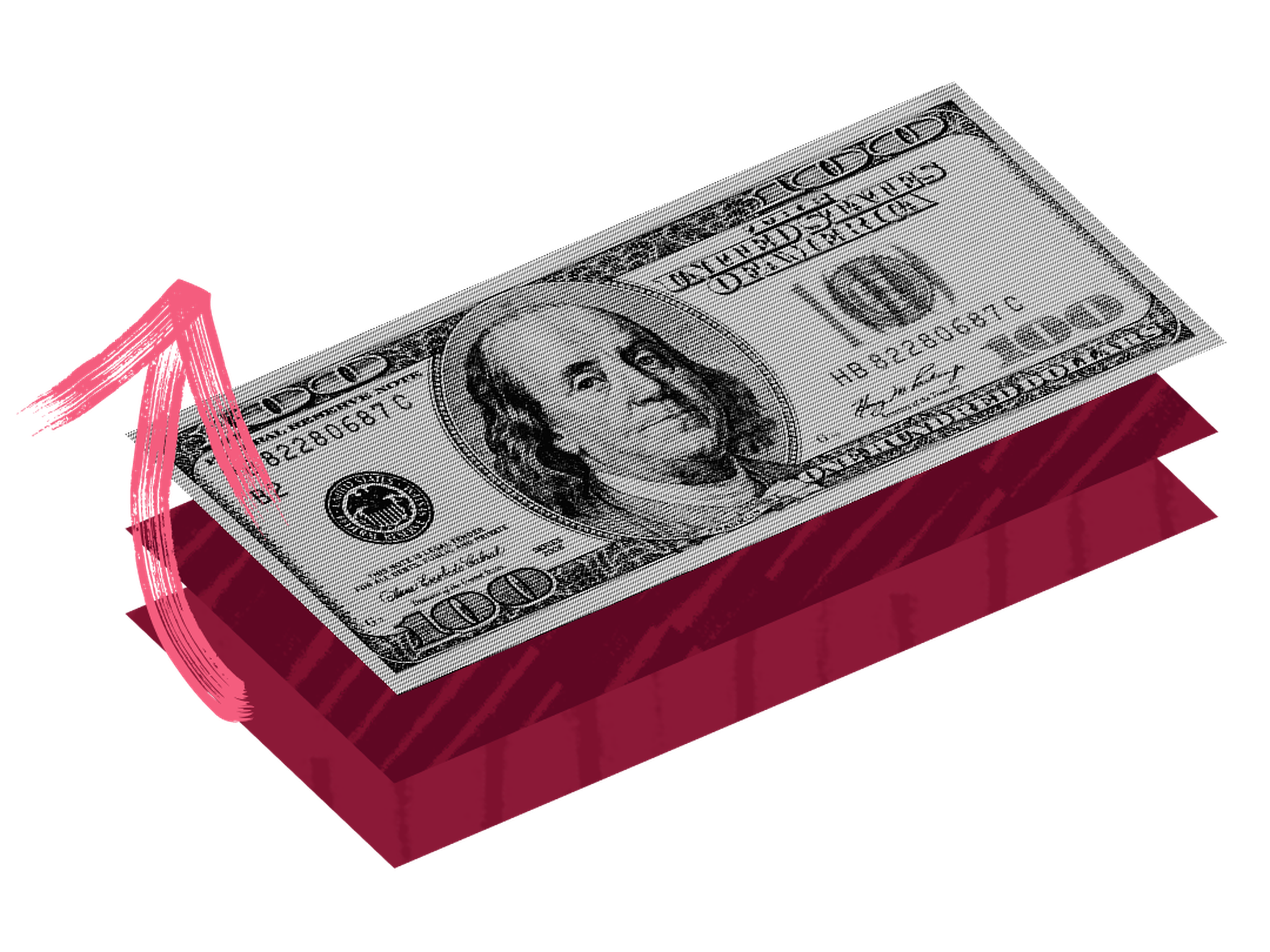 A stack of hundred dollar bills with an arrow pointing up