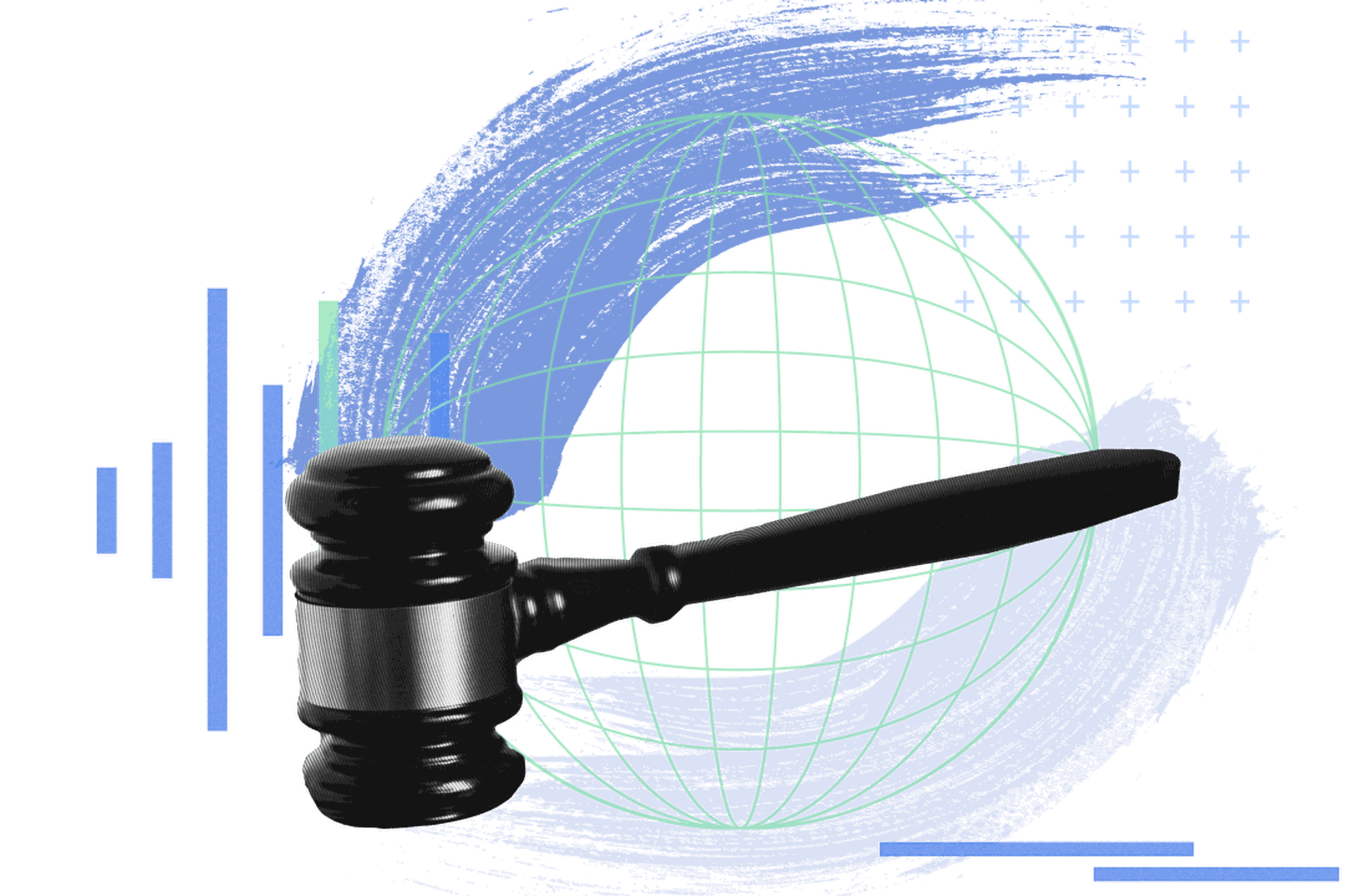 Gavel swinging down over digital globe