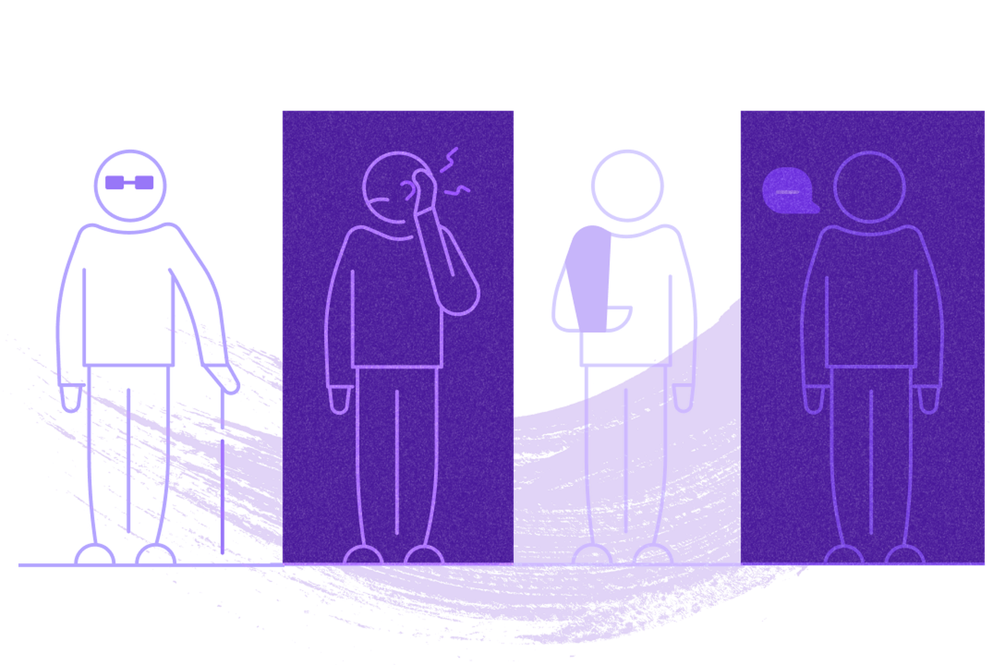 Icons of: a man with sunglasses and cane, man with temporary hearing impairment, man with arm in sling, and man who is mute