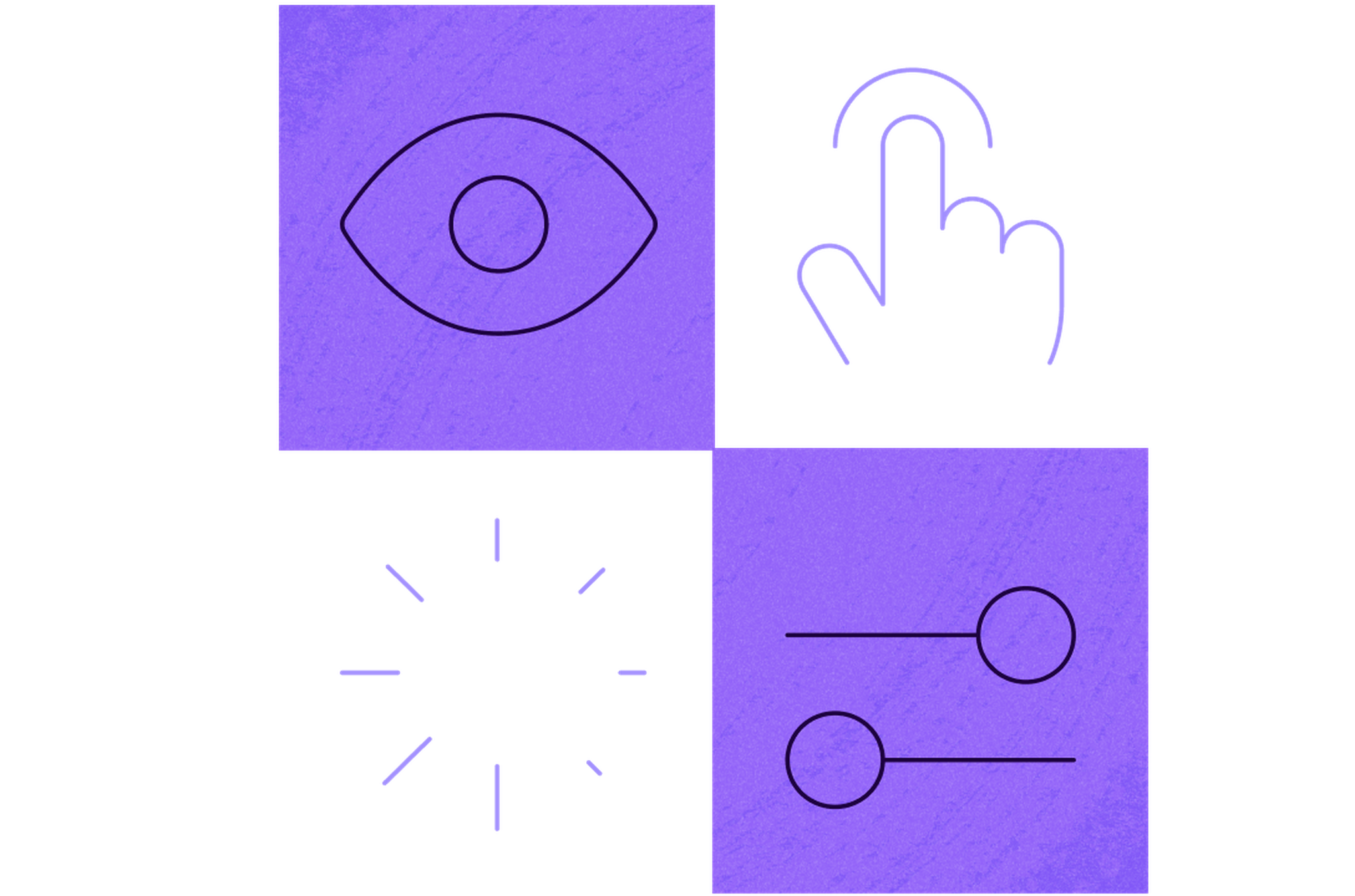 Icons of: an open eye, a hand pointing upward, a loading wheel, and a slider menu