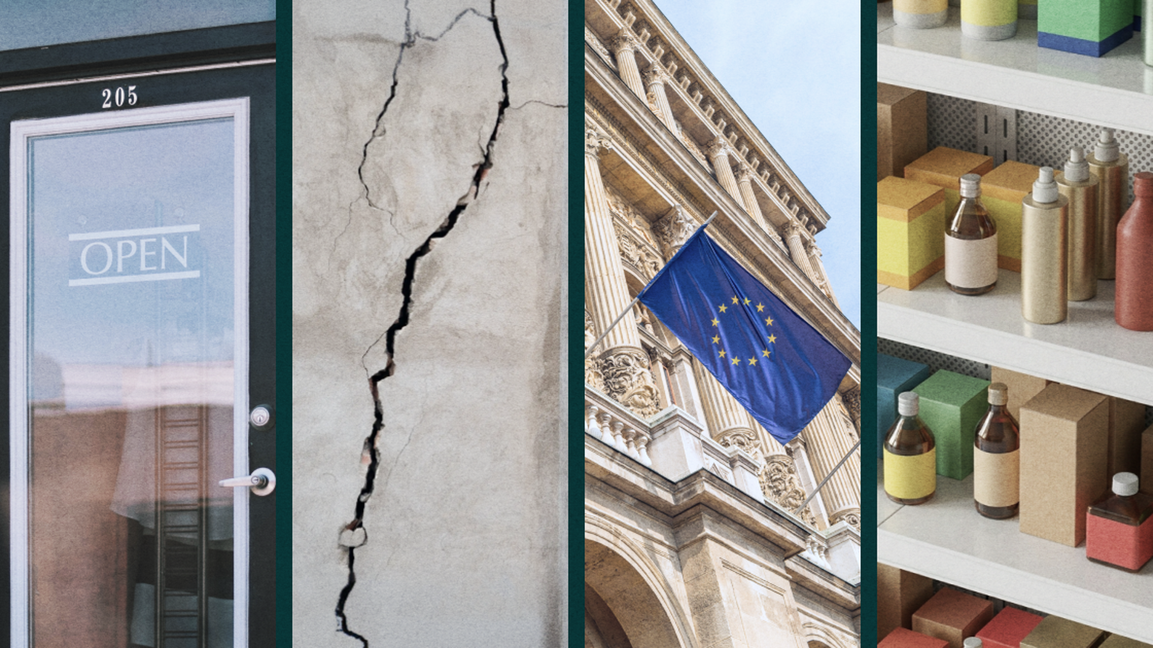 Collage of a door with an "OPEN" sign, a wall with a crack in it, a building with an EU flag, and shelves with various unlabeled goods