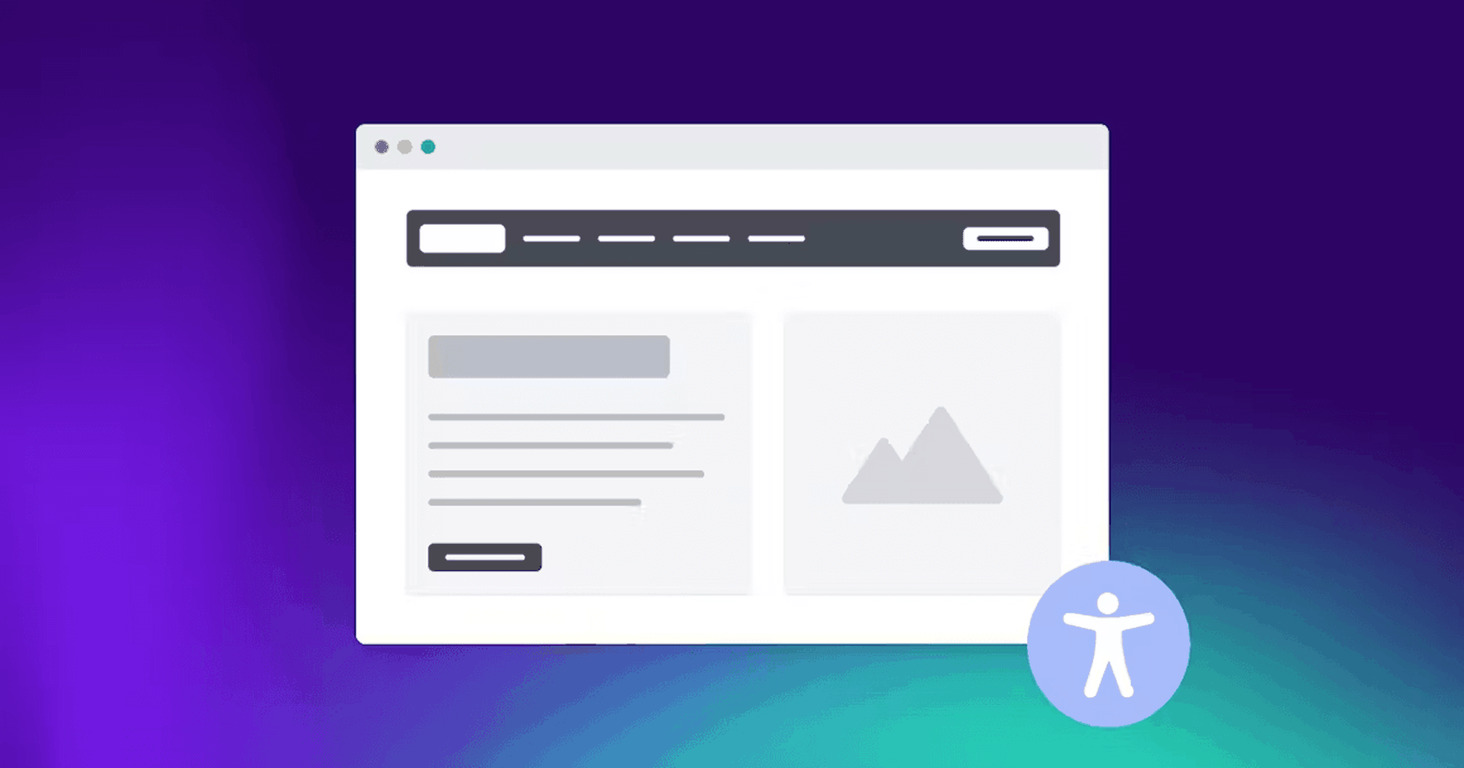 Illustration of a web page layout with text boxes and an image placeholder, featuring an accessibility icon on a gradient background.