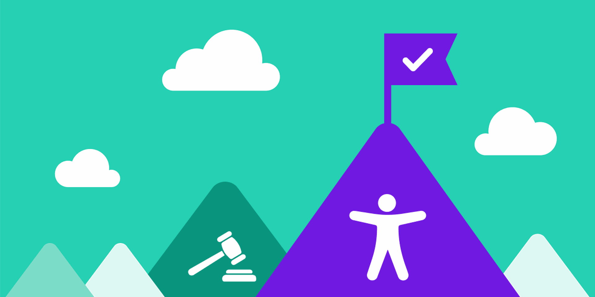 Illustration of mountains where one peak has an icon of a gavel on it and the biggest peak has an accessibility icon on it with a flag on top