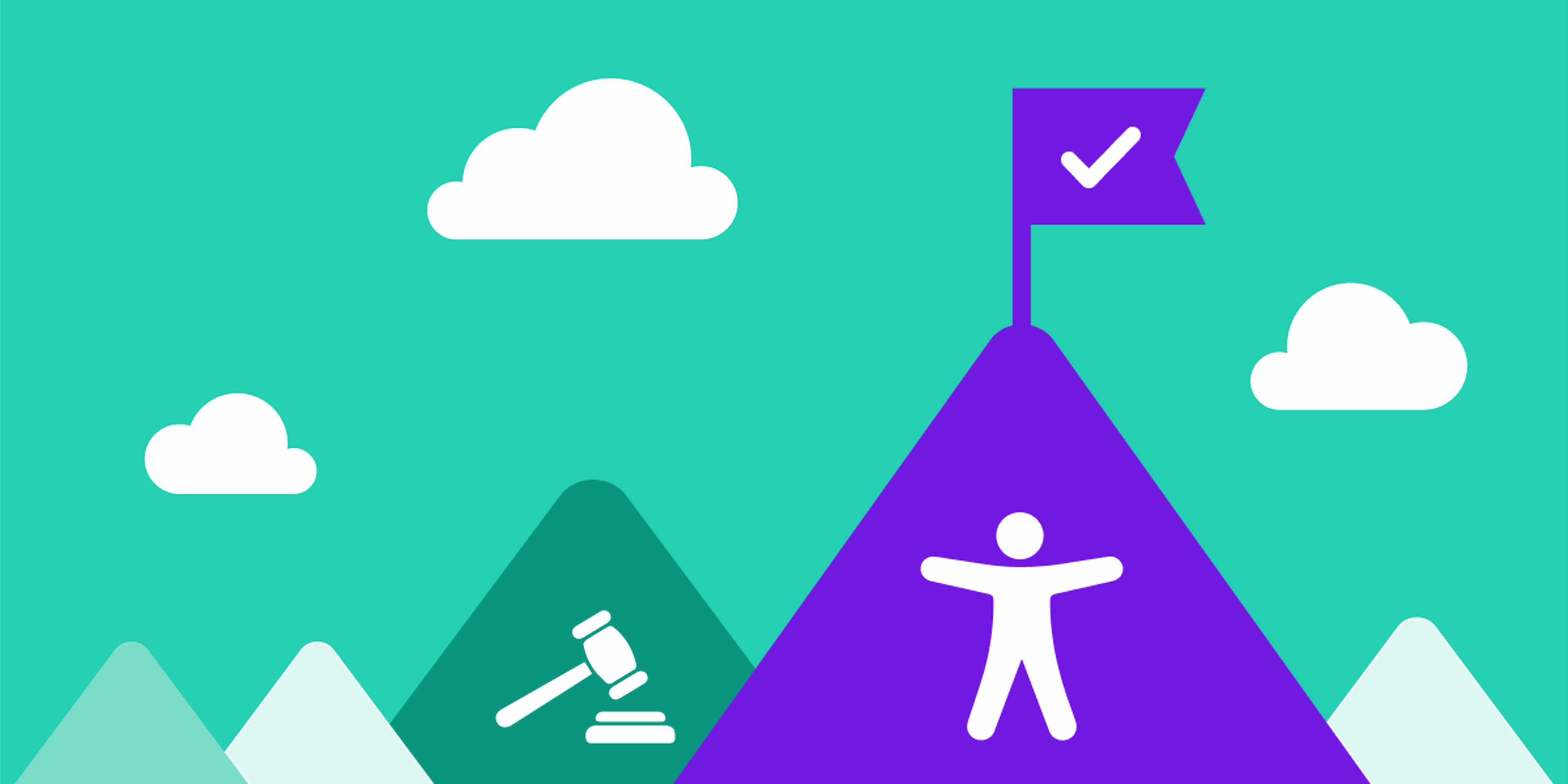 Illustration of mountains where one peak has an icon of a gavel on it and the biggest peak has an accessibility icon on it with a flag on top