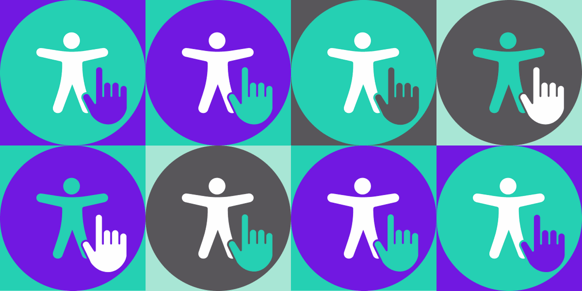 Patterned illustration of accessibility icons and a hand with a pointer finger extended 