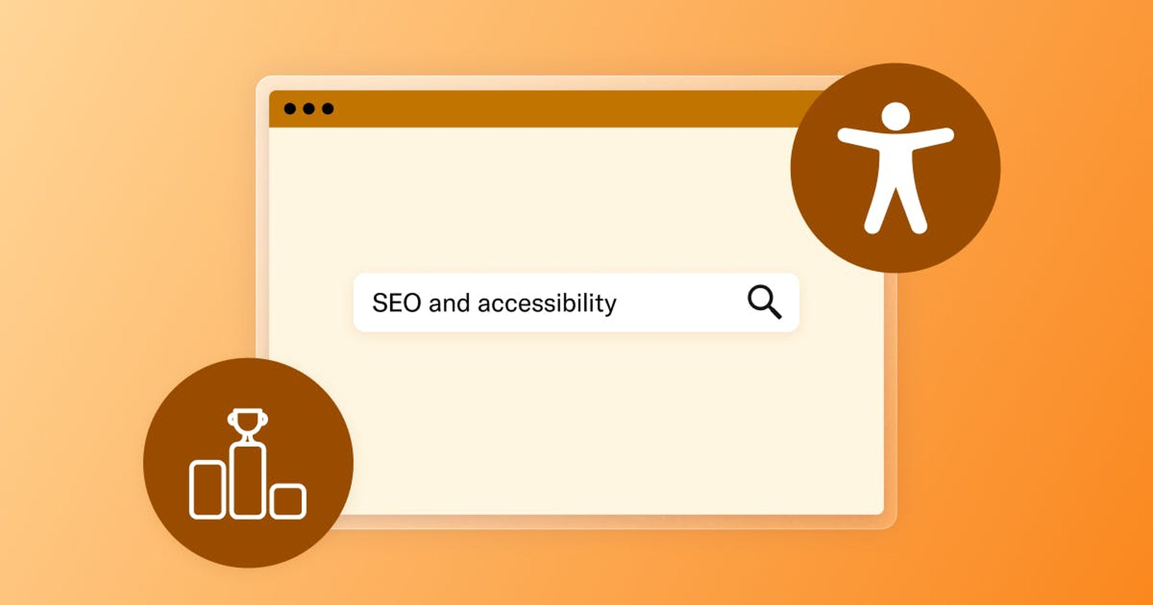 Computer screen with the words SEO and accessibility; the accessibility icon and a trophy icon are in the corners.