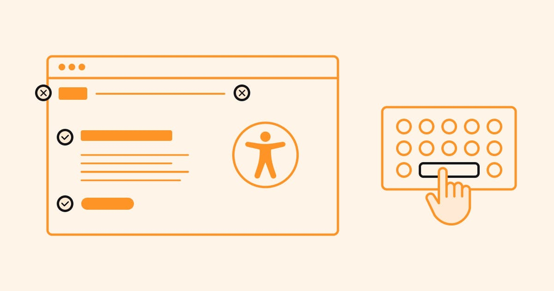 Website with errors and fixes marked by X and a check mark and a hand using a keyboard