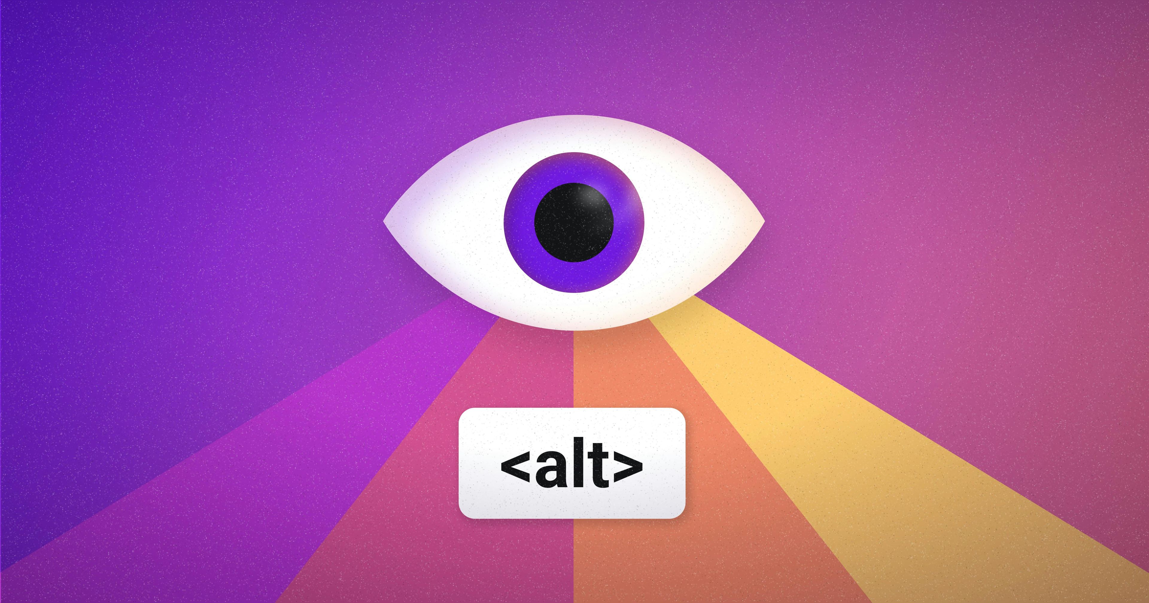 Eye with purple iris and the world <alt> below it