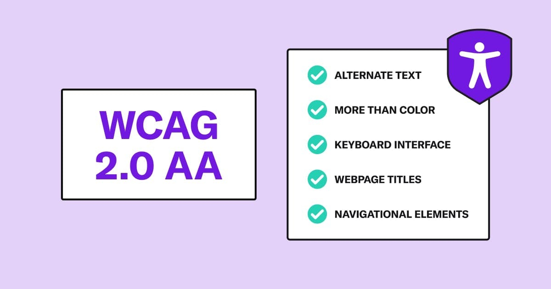 WCAG 2.0 AA with a checklist reading: Alternate text, more than color, keyboard interface, webpage titles, navigational elements. The accessibility man logo is next to the checklist.
