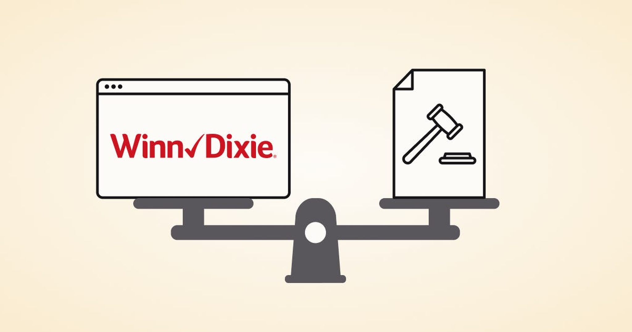 Illustration of a scale with a web browser and Winn Dixie logo on one side and a lawsuit on the other