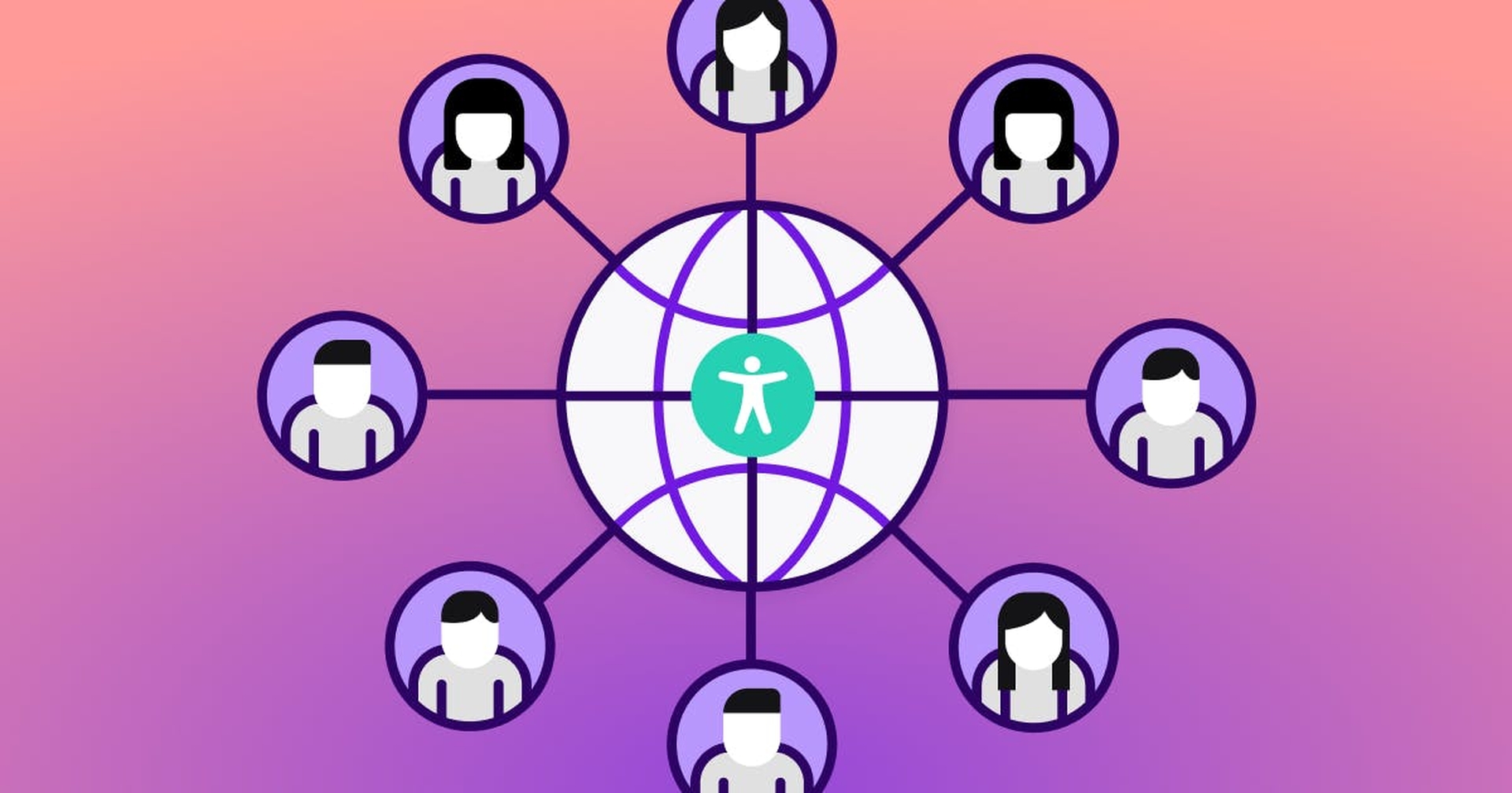 A globe with an accessibility symbol surrounded by silhouettes of men and women.