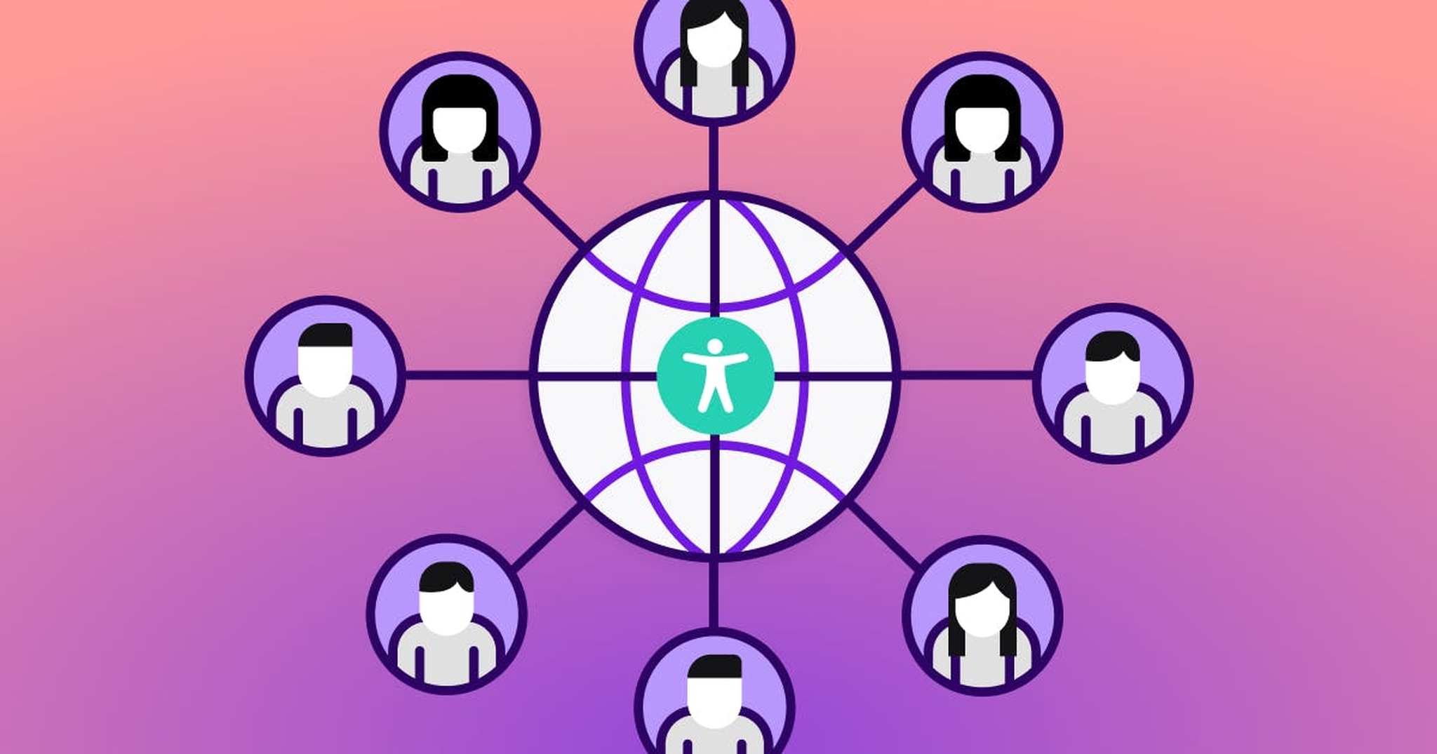 A globe with an accessibility symbol surrounded by silhouettes of men and women.