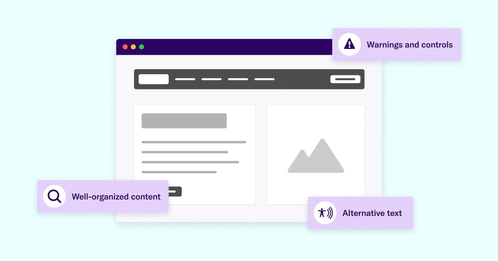 Website with features called out for well-organized content, alt text, and warnings.