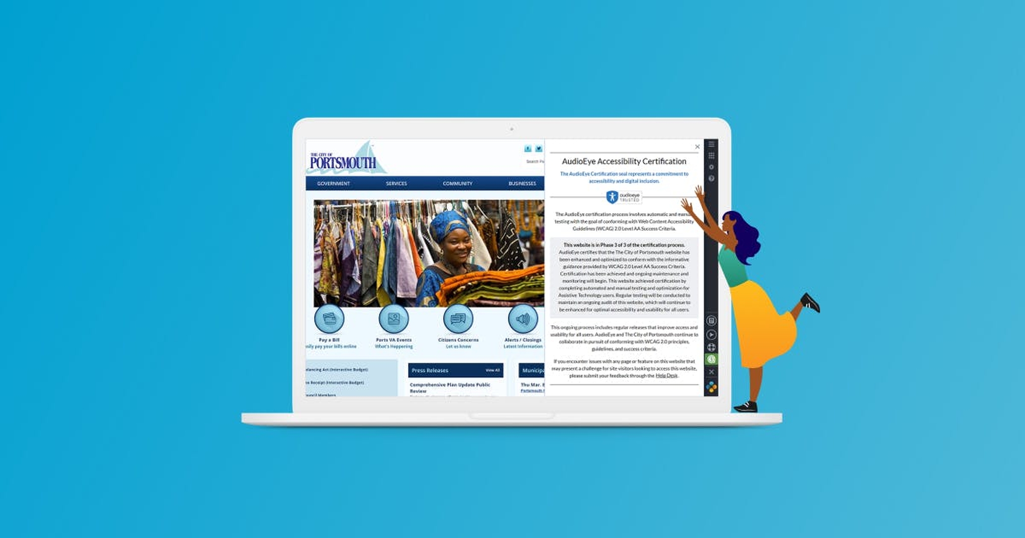 Laptop with the City of Portsmouth website open and AudioEye activated