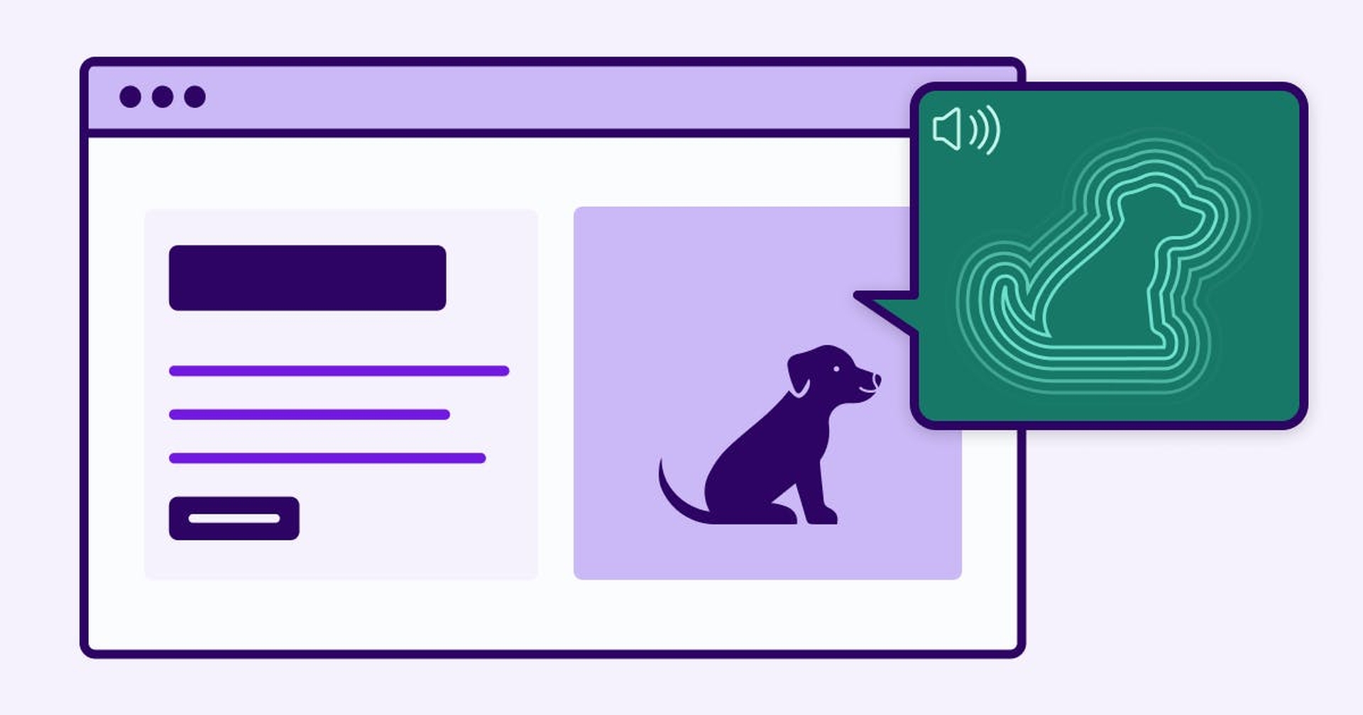 A stylized web page with an image of a dog on it, next to a chat bubble that is reading a description of the dog out loud