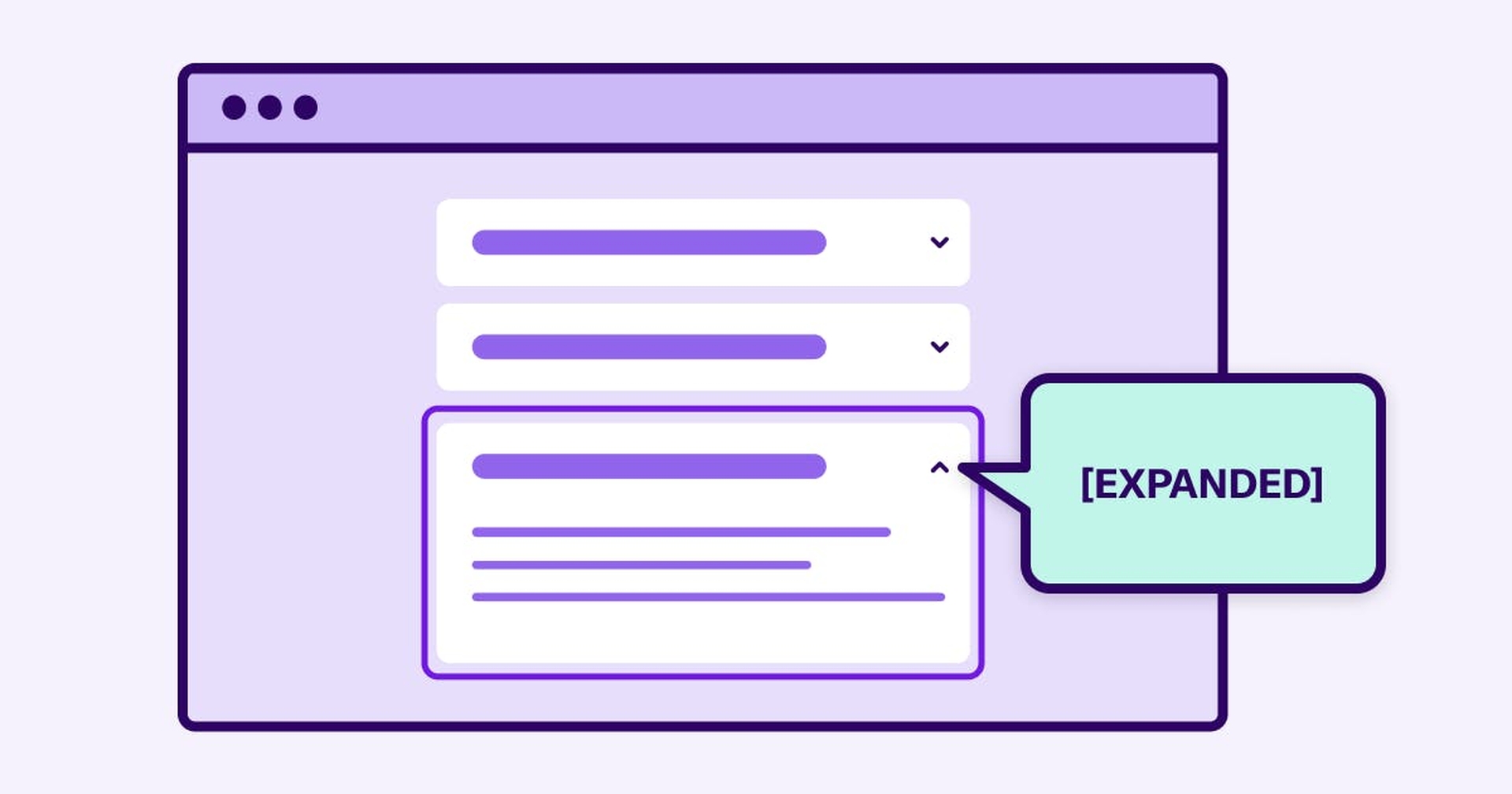 A stylized web page with a series of accordion tabs. One tab is expanded with a chat bubble announcing that it is currently expanded.