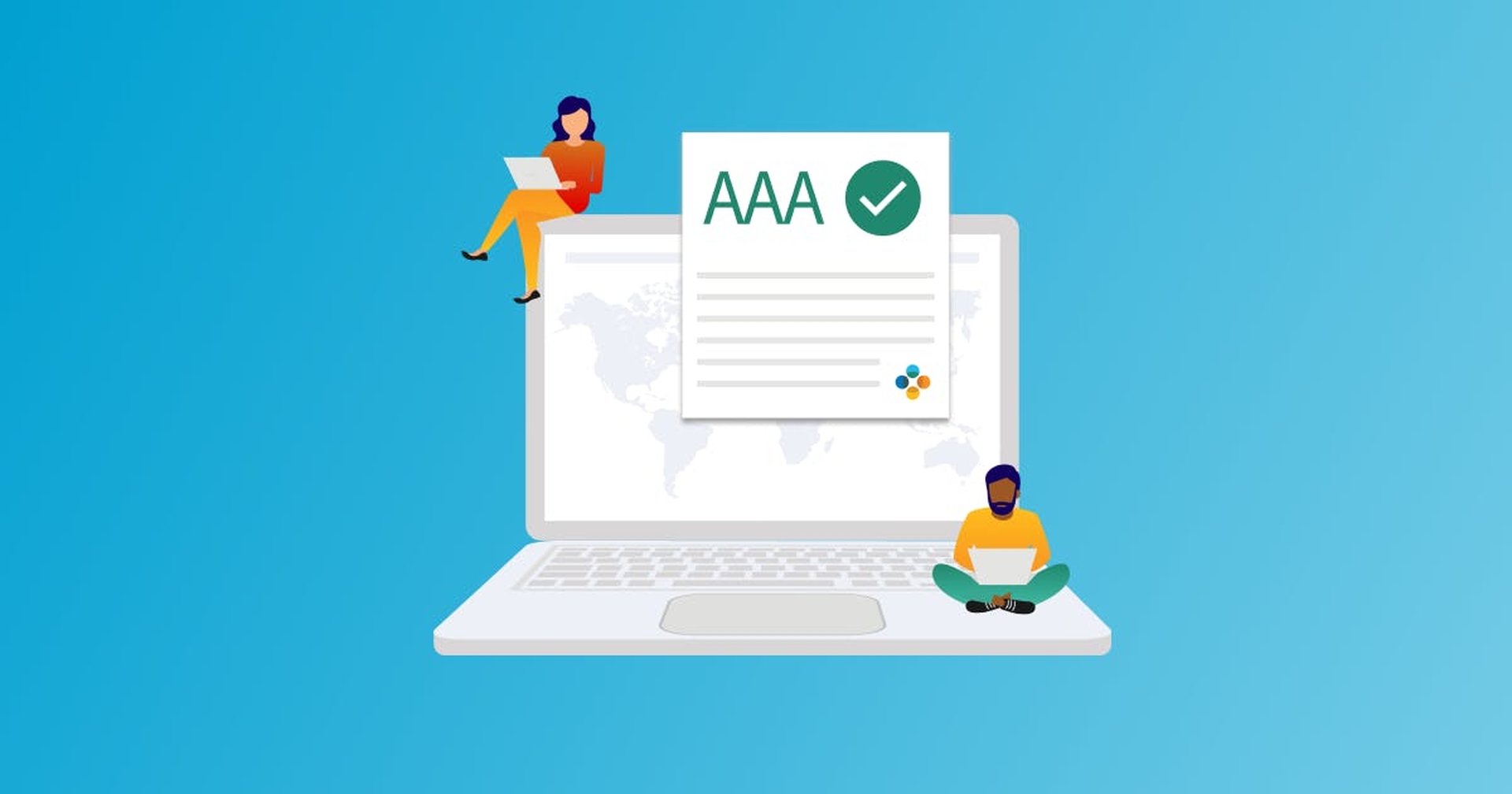 Illustration of man and woman sitting on life-sized computer screen