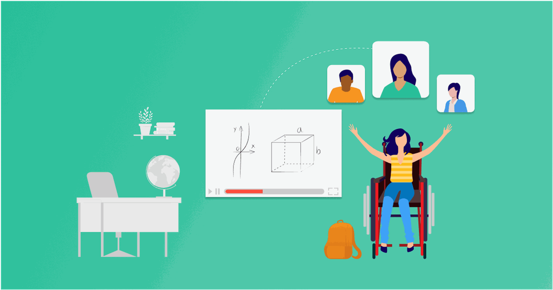 Illustration of student in wheelchair with desks and whiteboard