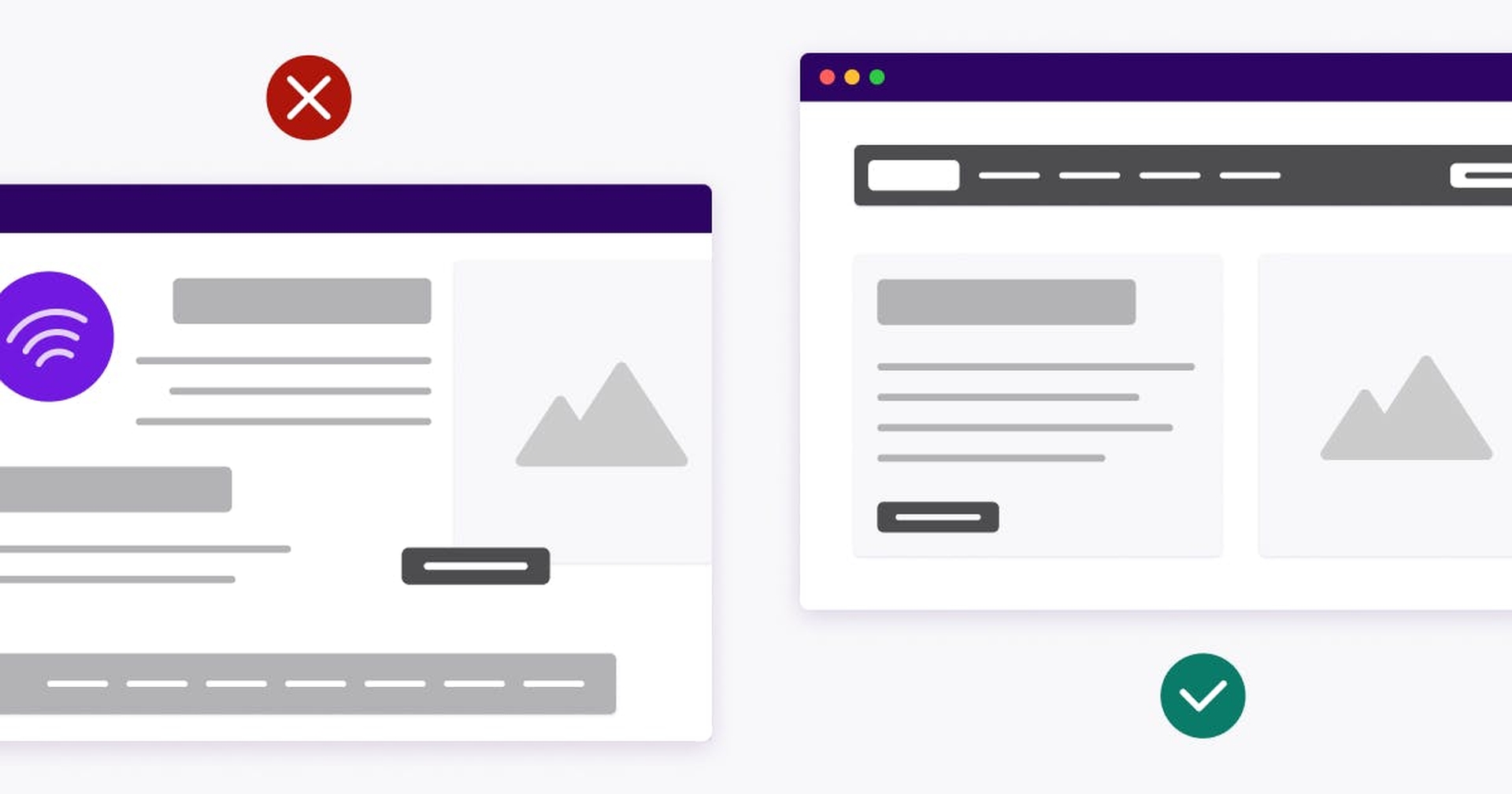 Two stylized web browsers side-by-side showing accessibility errors and best practices.