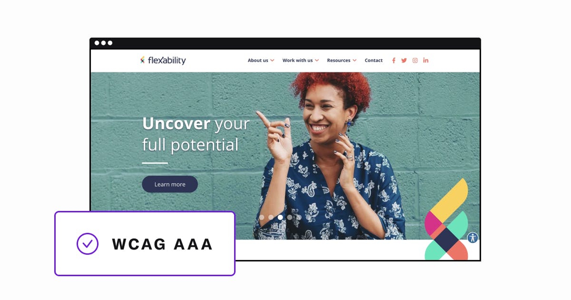 A screenshot of the Flexability homepage with the words WCAG AAA and a checkmark.