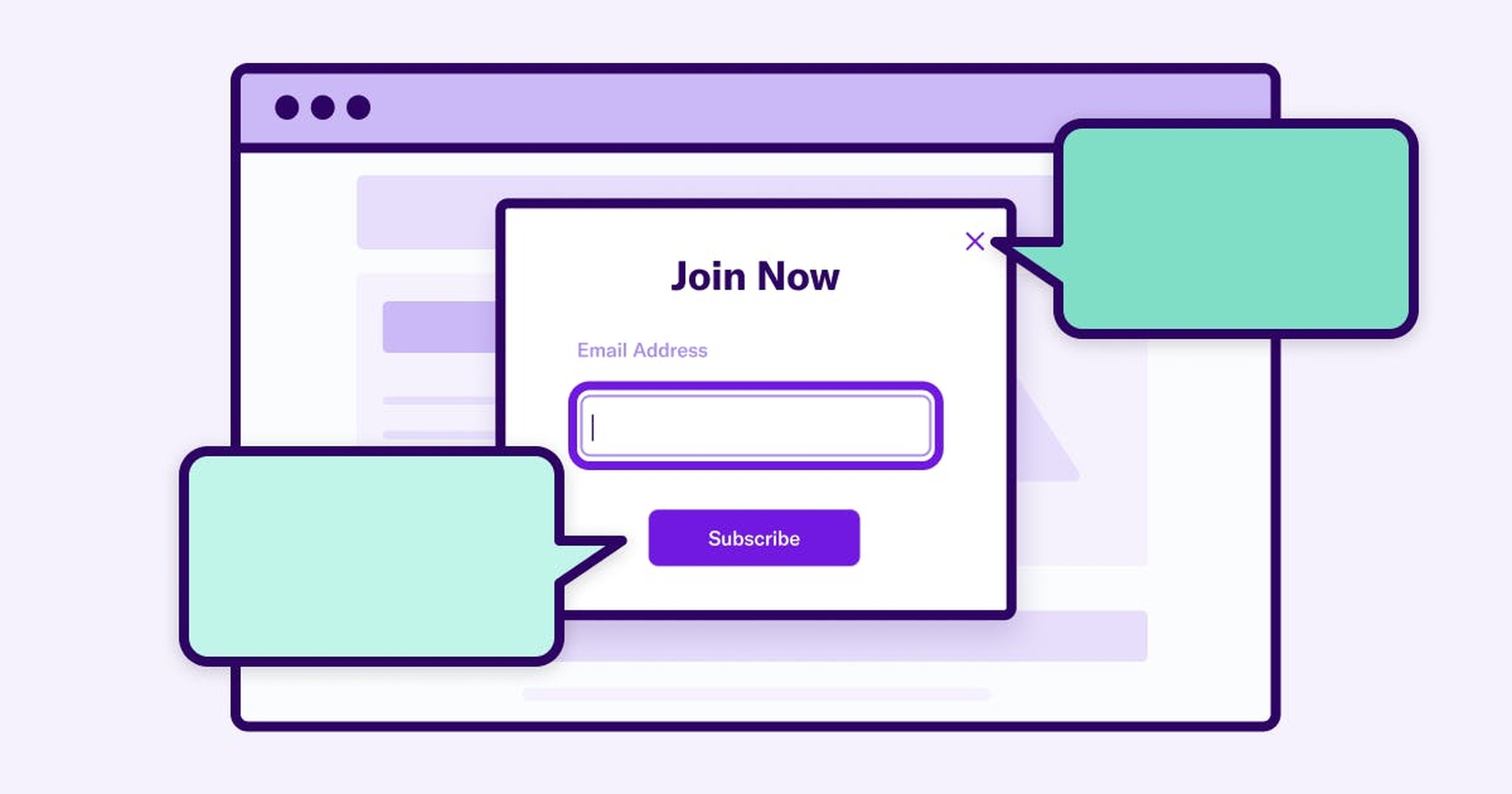 A stylized version of a pop-up window on a web page where none of the fields or buttons are labeled for accessibility