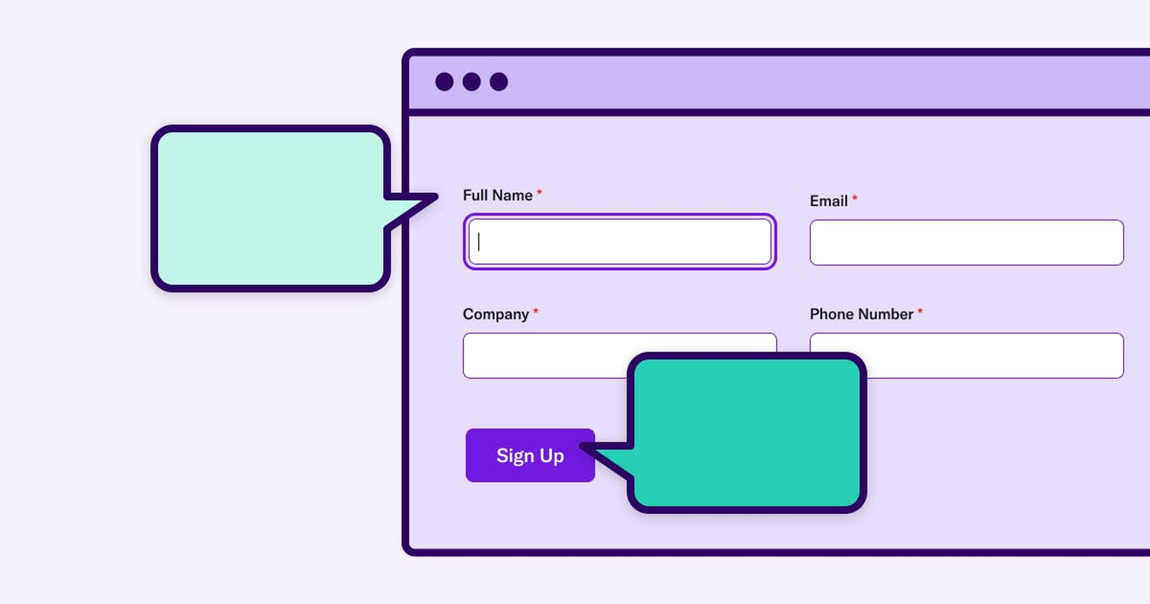 A stylized form on a web browser, with empty chat bubbles