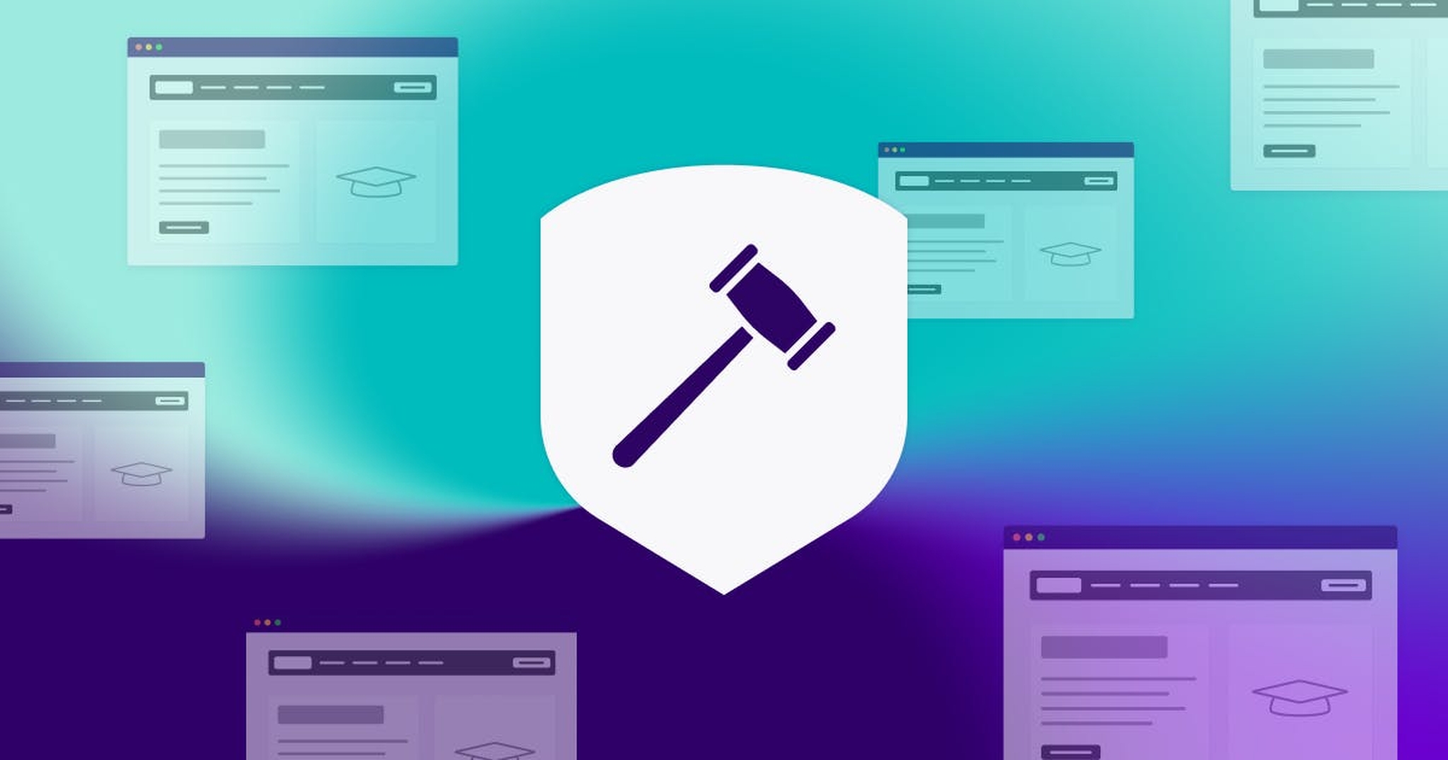 A gavel in the center of a shield, there are education web pages in the background.