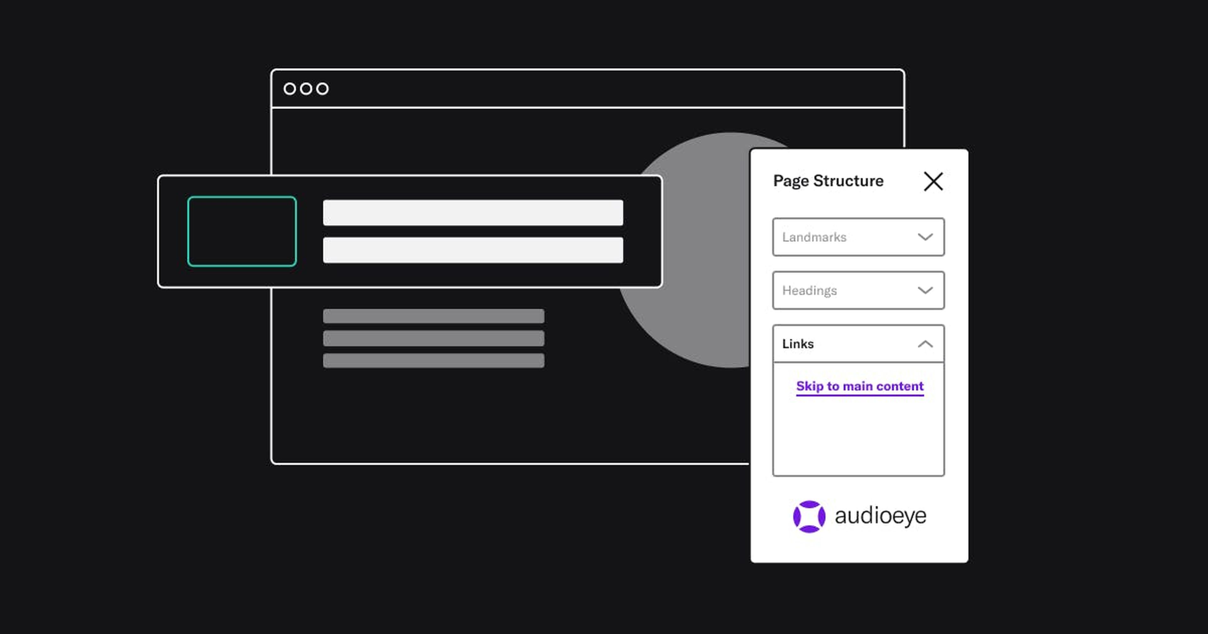 A web browser with an AudioEye toolbar open that shows the option to skip to main content