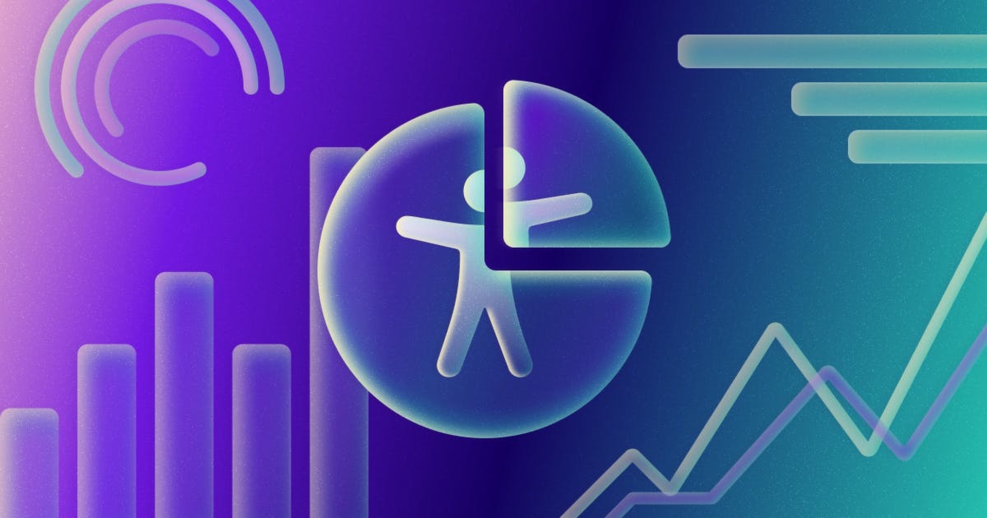 A series of graphs surrounding a pie chart that has an icon of a person inside it.