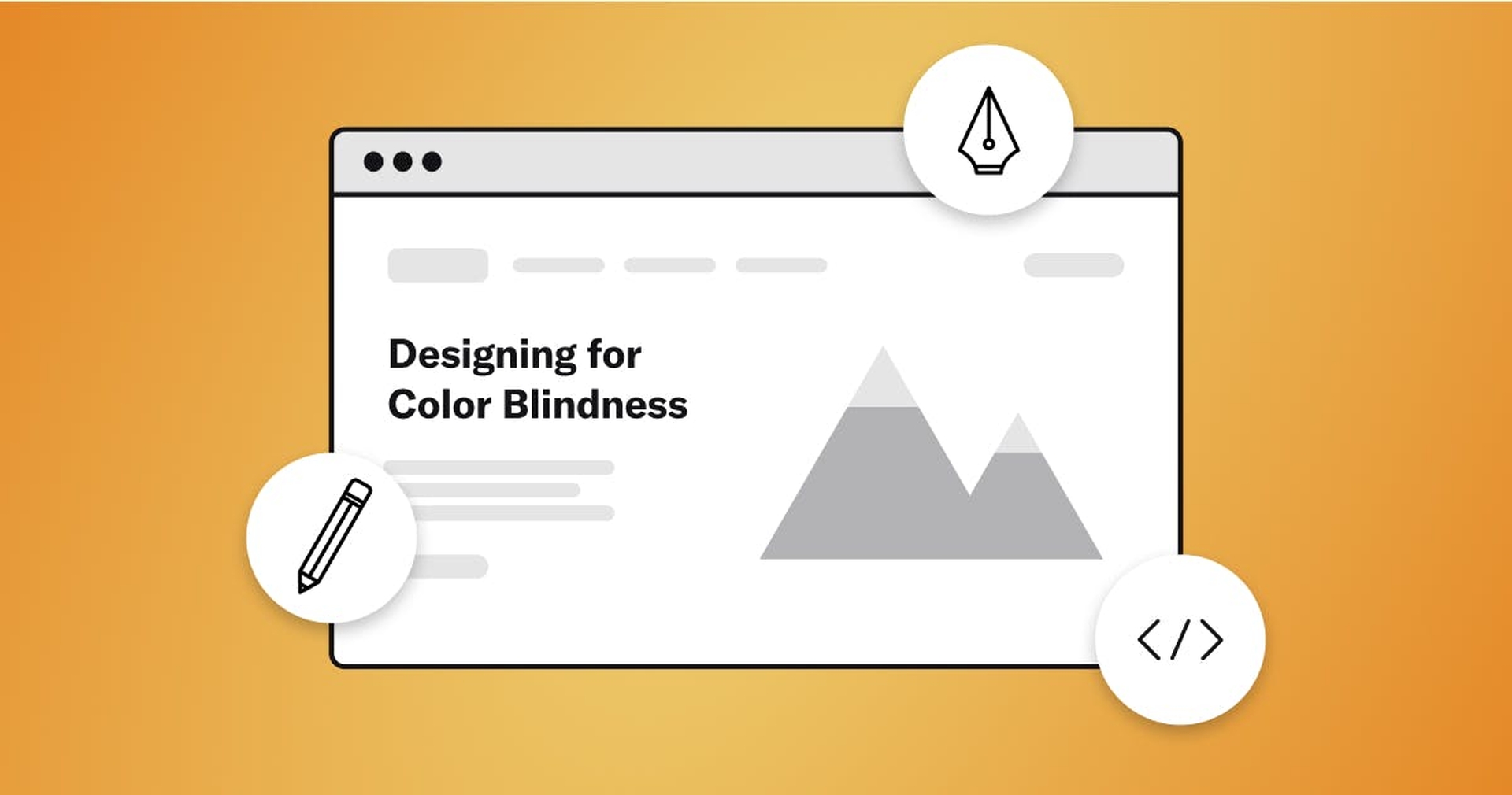 A stylized black-and-white web page that says "Designing for Color Blindness" with different design tool icons surrounding the web browser