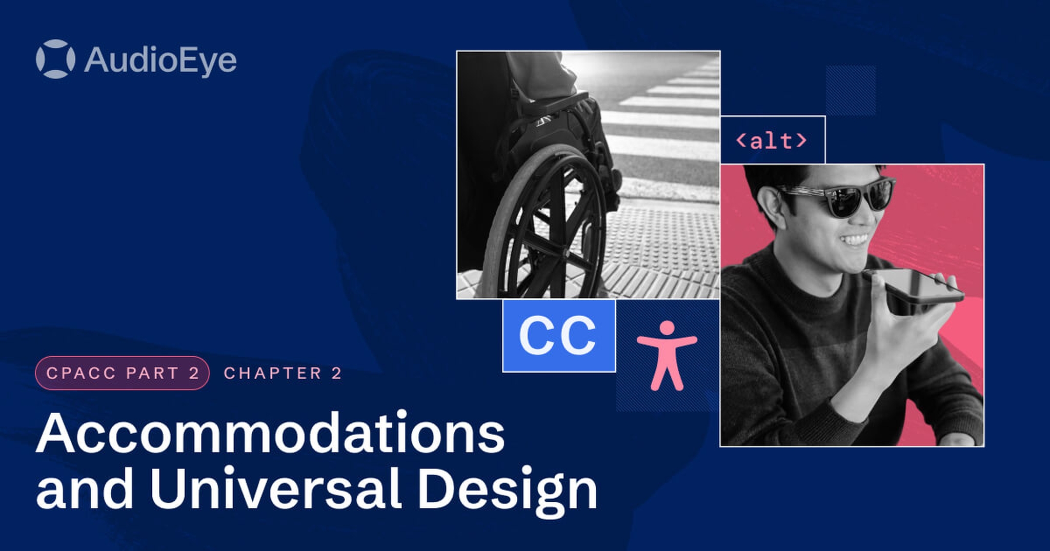 a man wearing sunglasses speaking into a smartphone, a wheelchair using a crosswalk, the 'alt' key, and the accessibility symbol