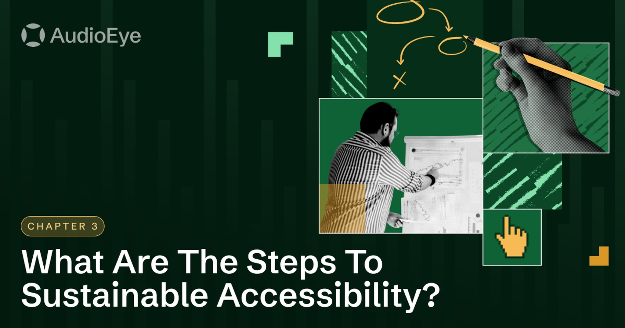 Man pointing at a chart, with doodles and icons. Text: "What Are The Steps To Sustainable Accessibility?"