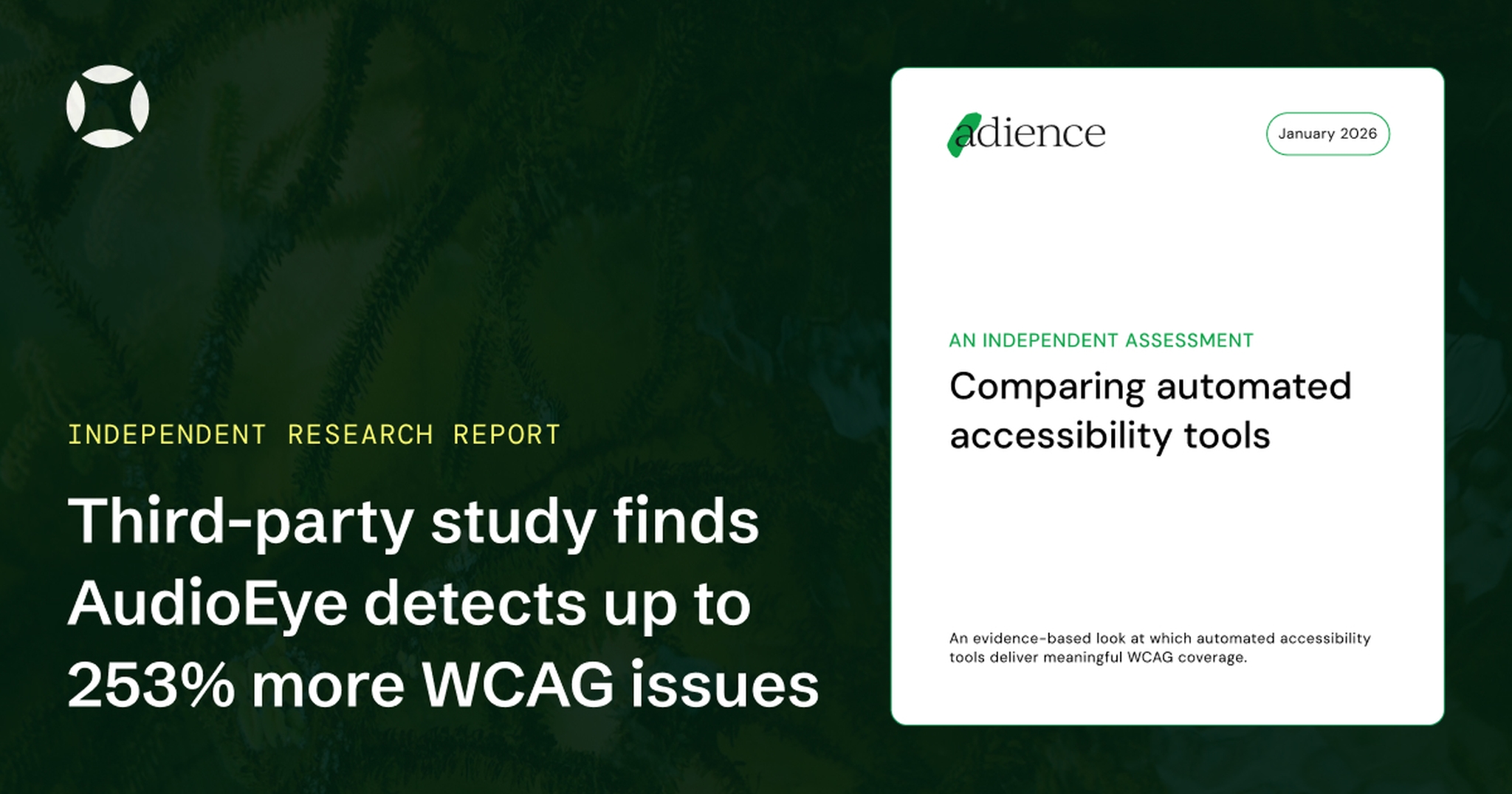Report cover on a green background, titled "Comparing Automated Accessibility Tools," highlighting AudioEye's effectiveness in detecting WCAG issues.