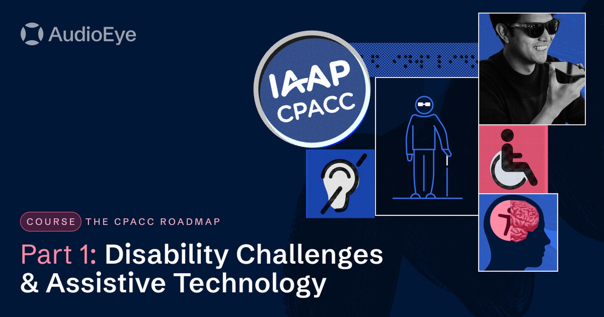 a gavel, text reading 'IAAP CPACC', a hand holding a pencil, and a cursor icon