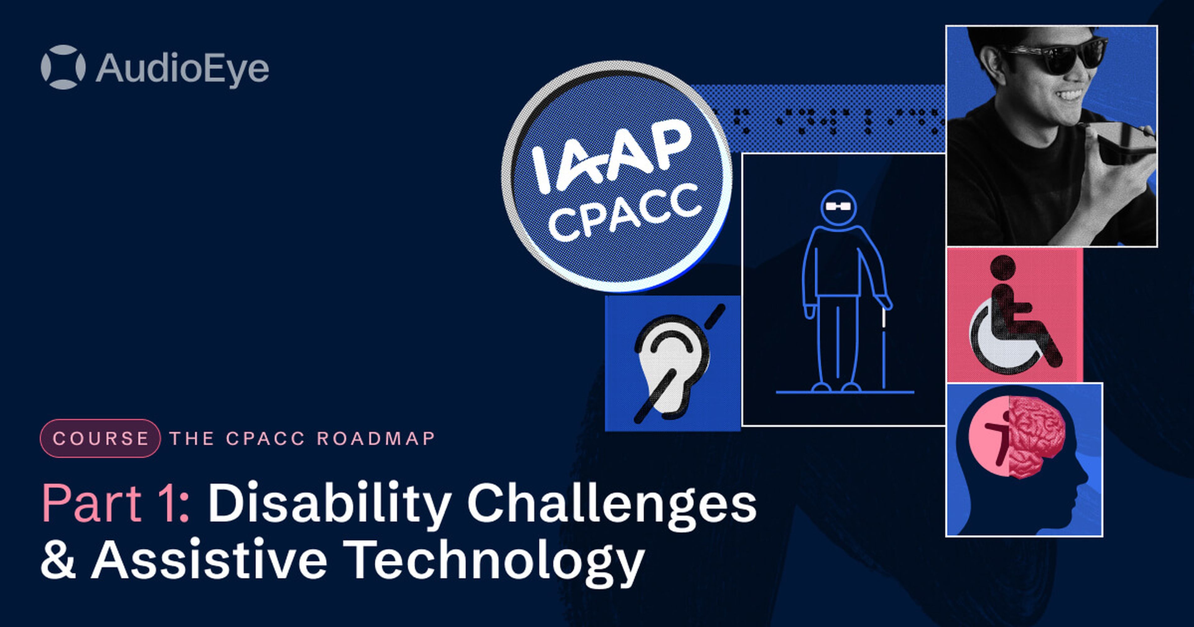 a gavel, text reading 'IAAP CPACC', a hand holding a pencil, and a cursor icon