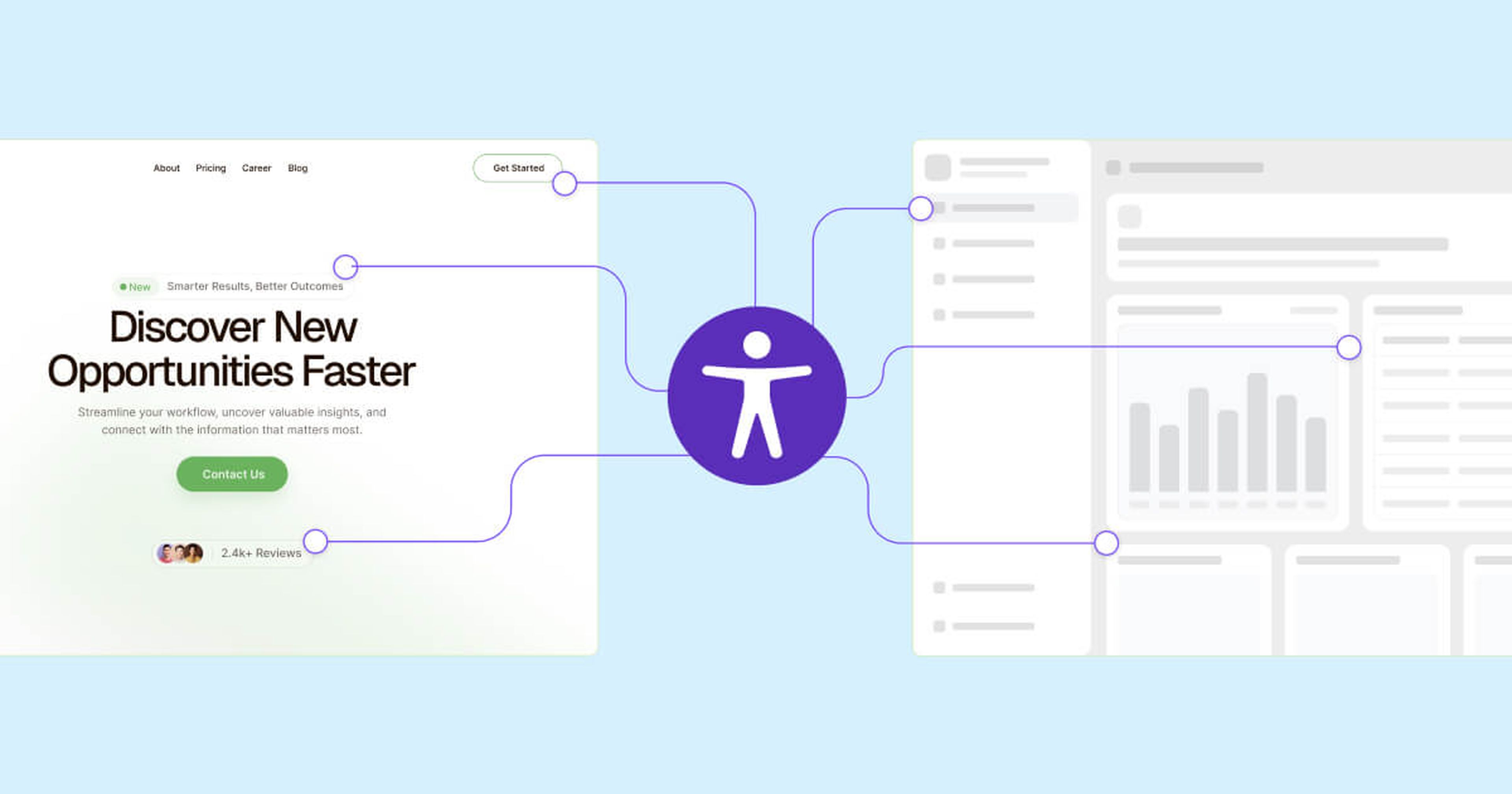 Accessibility symbol connected to a stylized web dashboard and a website's homepage.