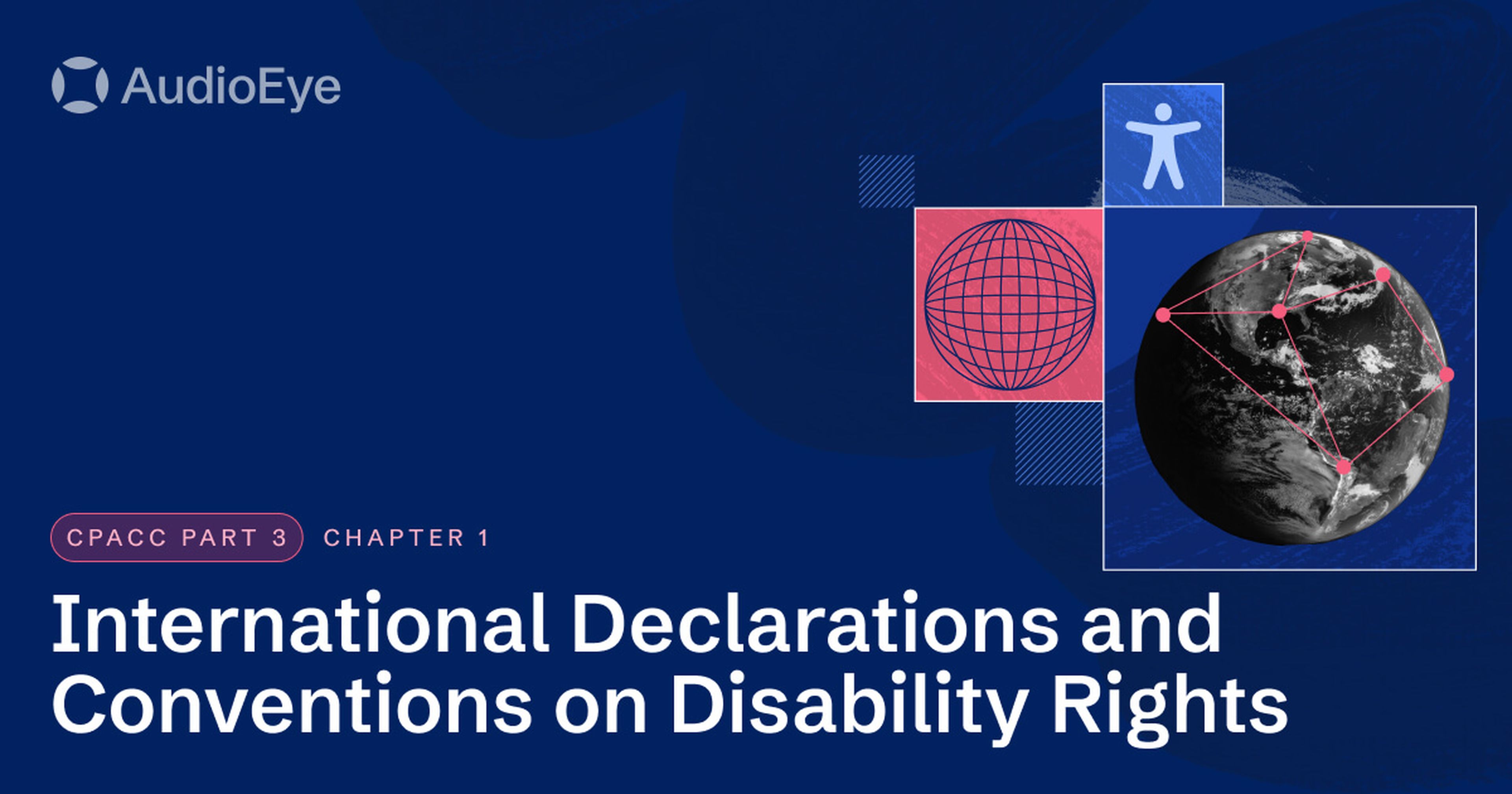 An accessibility symbol and a globe with interconnected dots