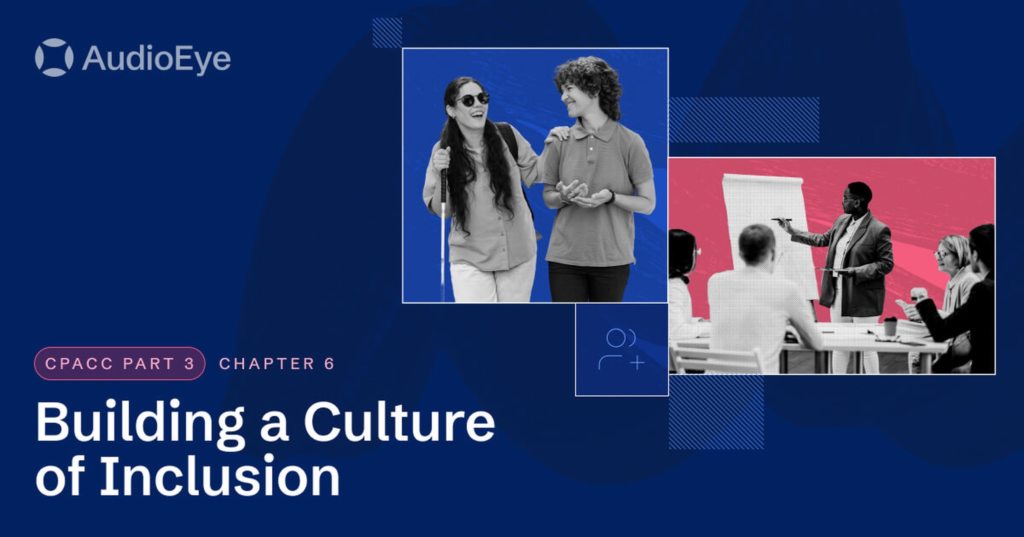 Two women, both smiling, are standing next to each other. One is visually impaired and wearing sunglasses and using a mobility cane