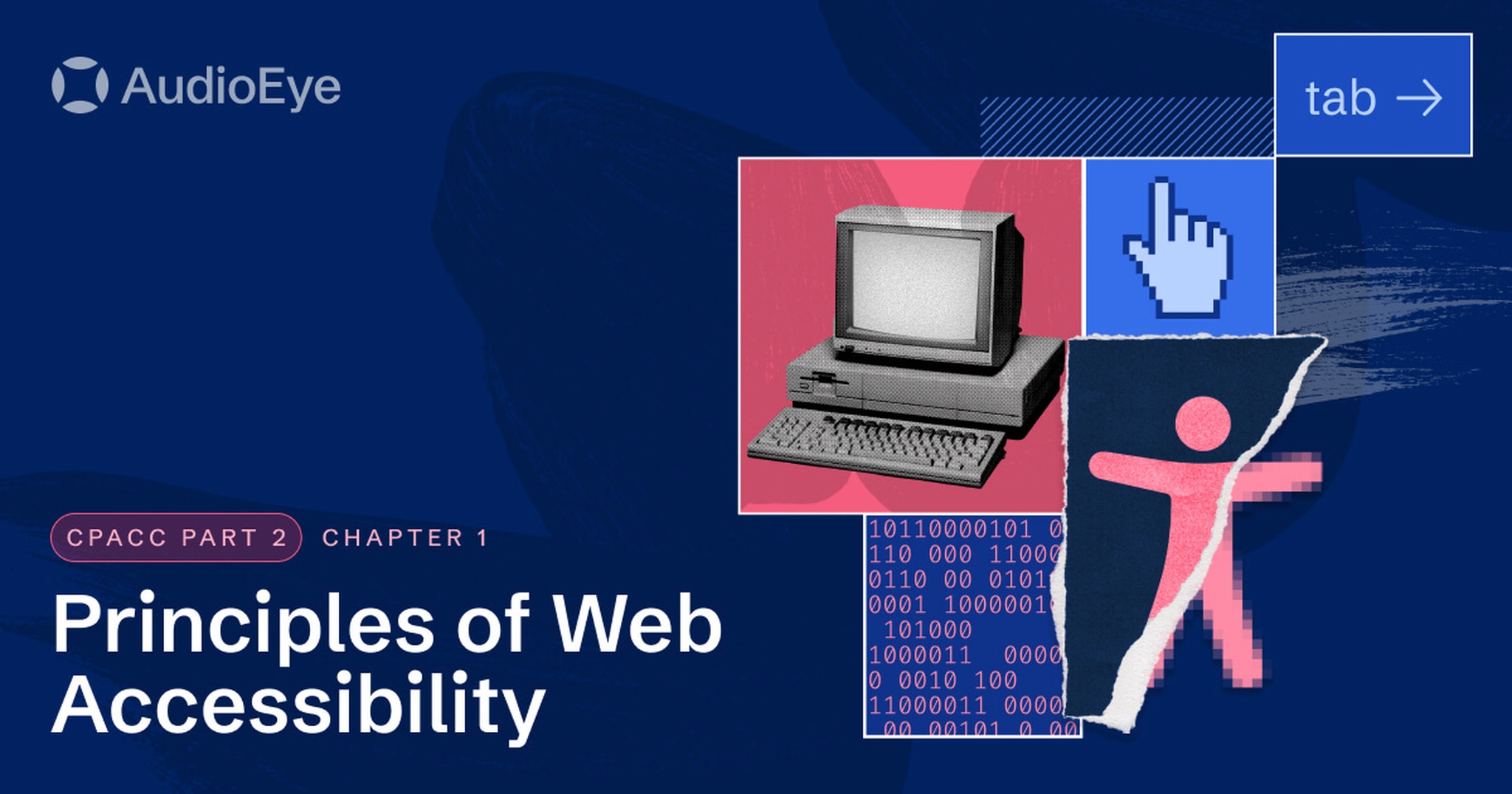 an older model computer, the 'tab' key, a cursor, and the accessibility symbol.