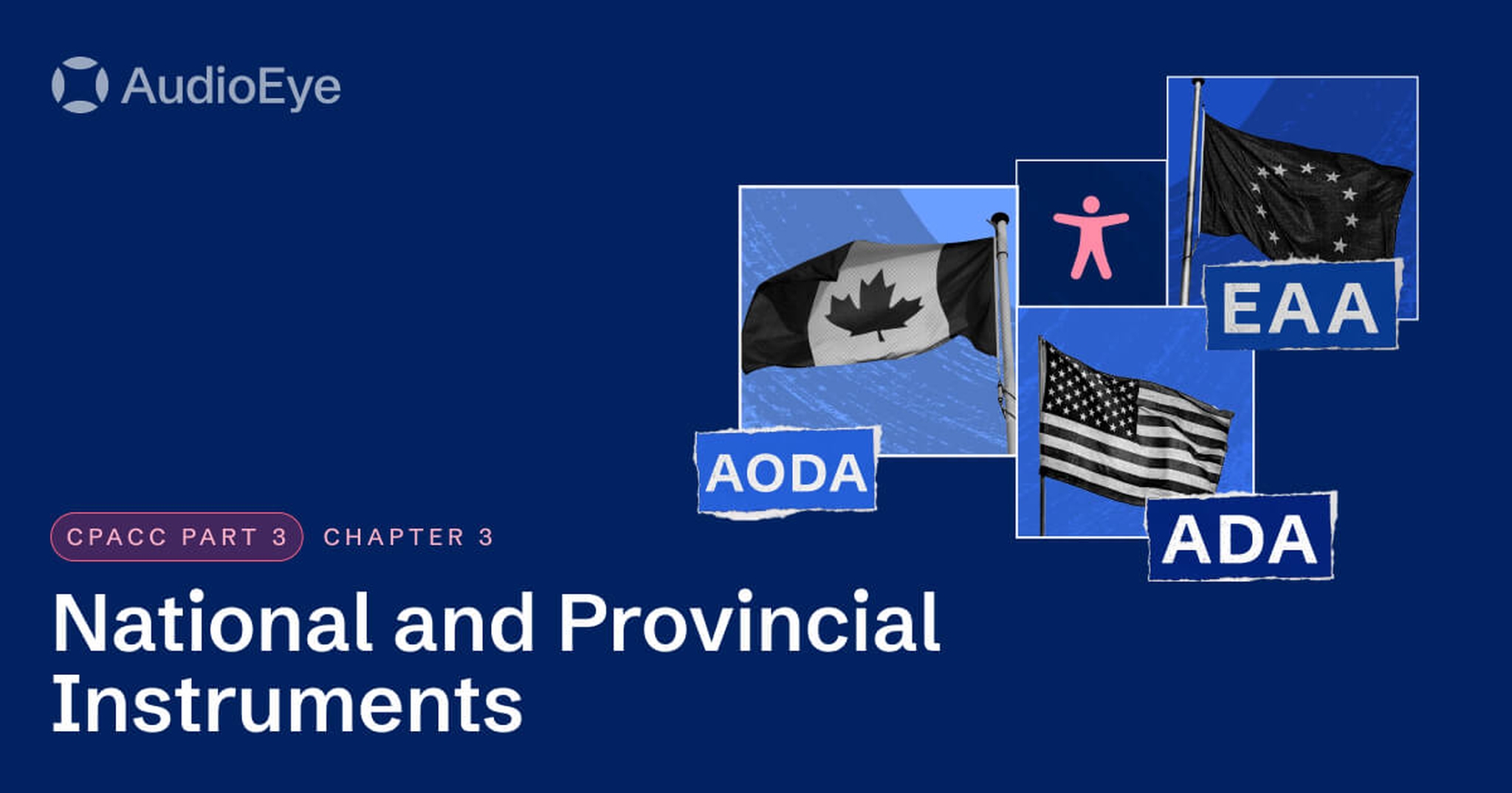 Canadian, U.S., and EU flag with text beneath reading 'AODA,' 'ADA,' and 'EAA' surrounding the accessibility symbol.