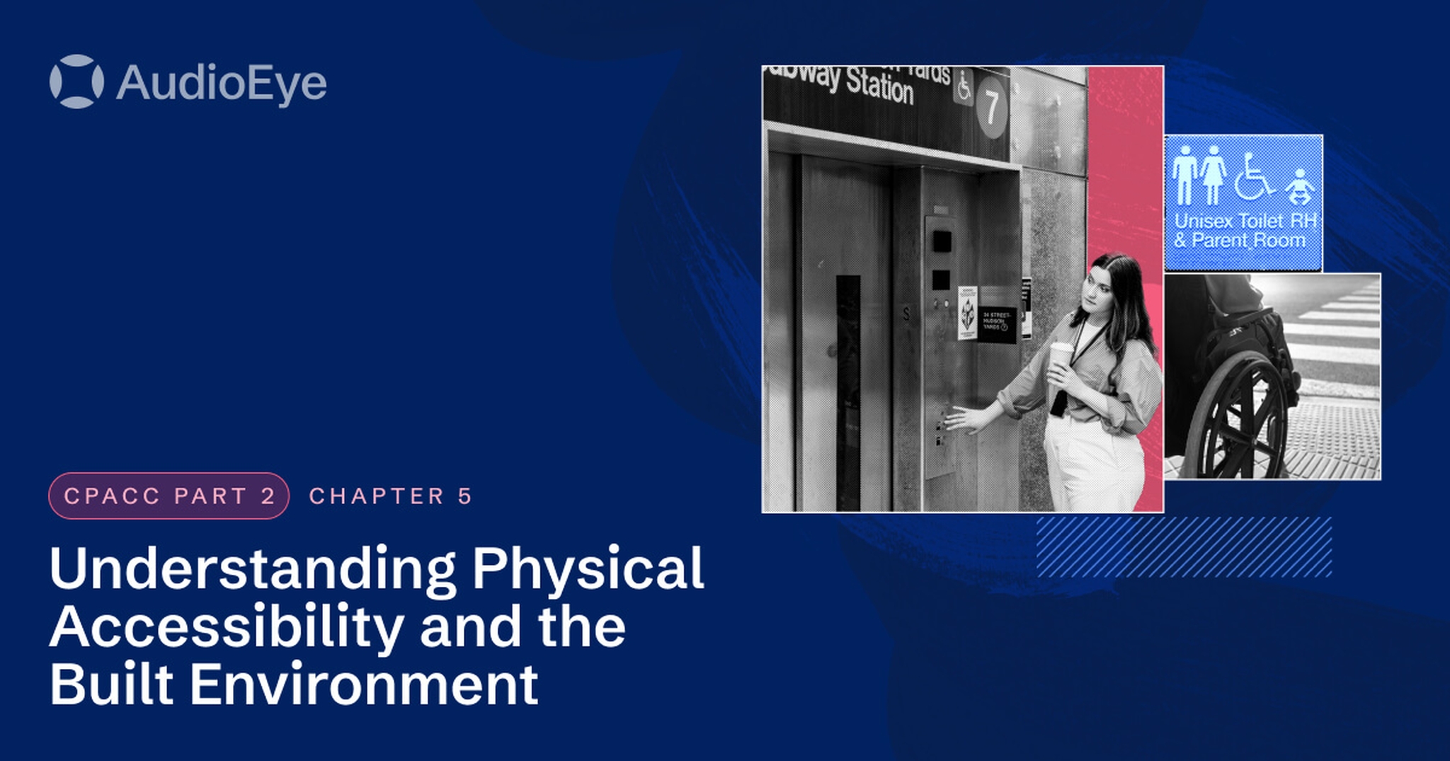 Woman uses an elevator, a man in a wheel chair uses a curb cut crosswalk, unisex family and accessible bathroom sign