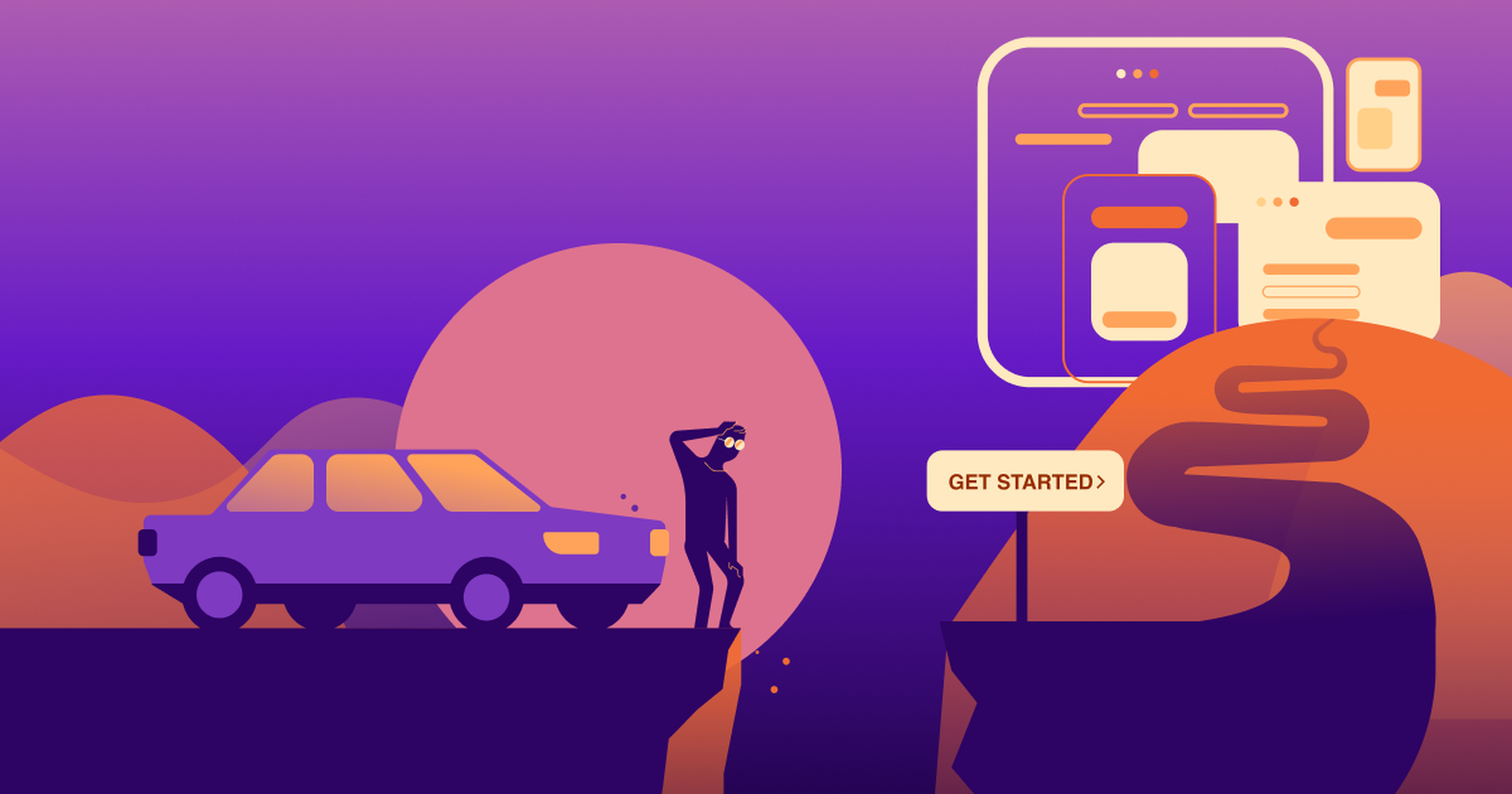 Man standing next to car looking over a chasm at a hillside with a winding path that leads to stylized web browsers.