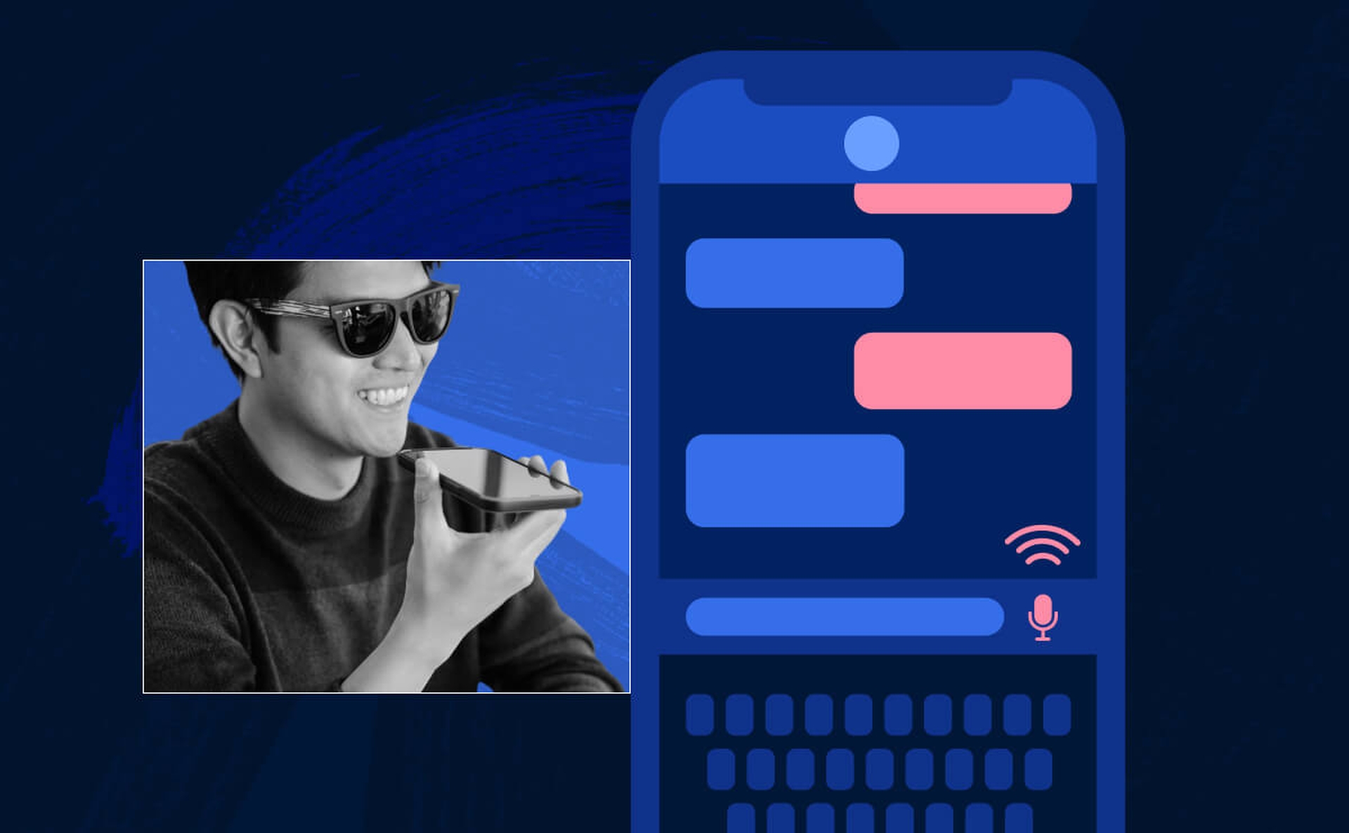 A man who is nonsighted uses voice to text features to send text messages.