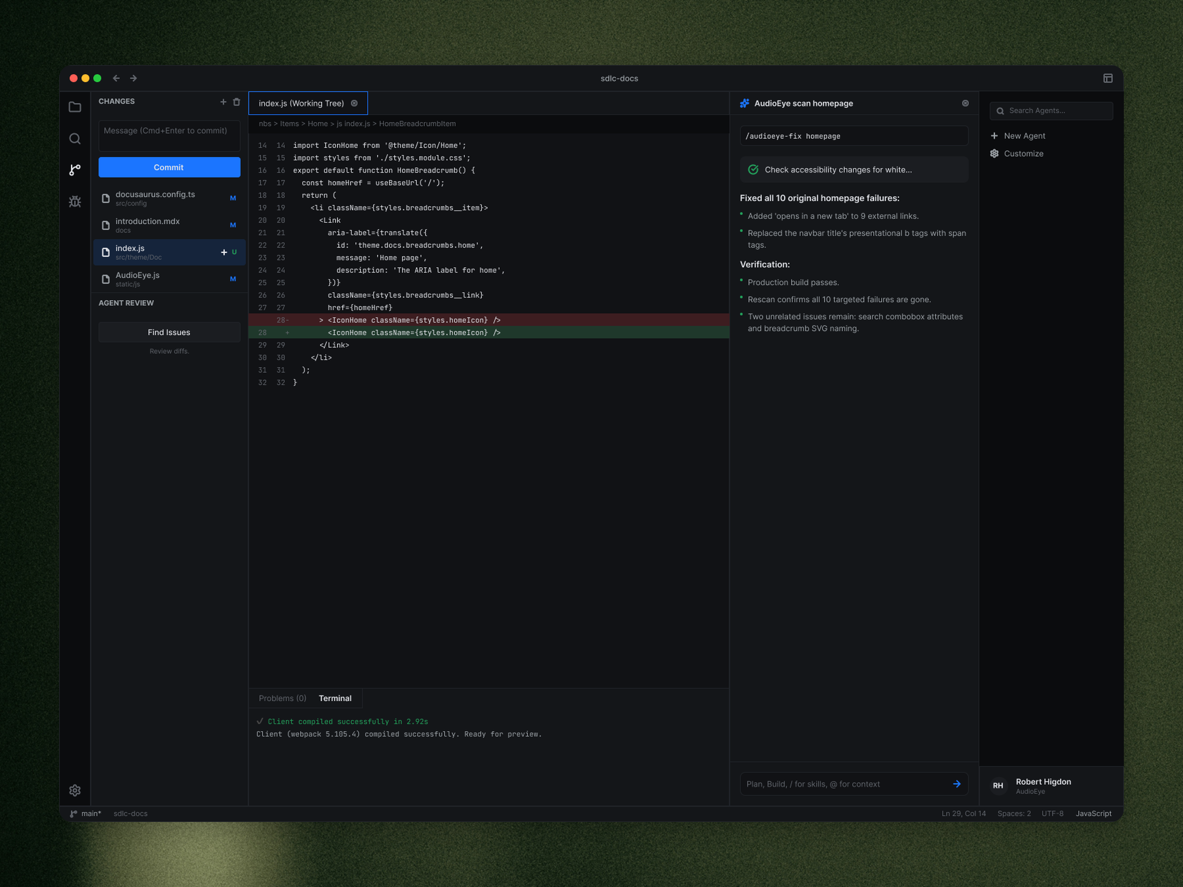 A code editor showing JavaScript code with an active auditing tool on the right, displaying accessibility fixes and verification notes.