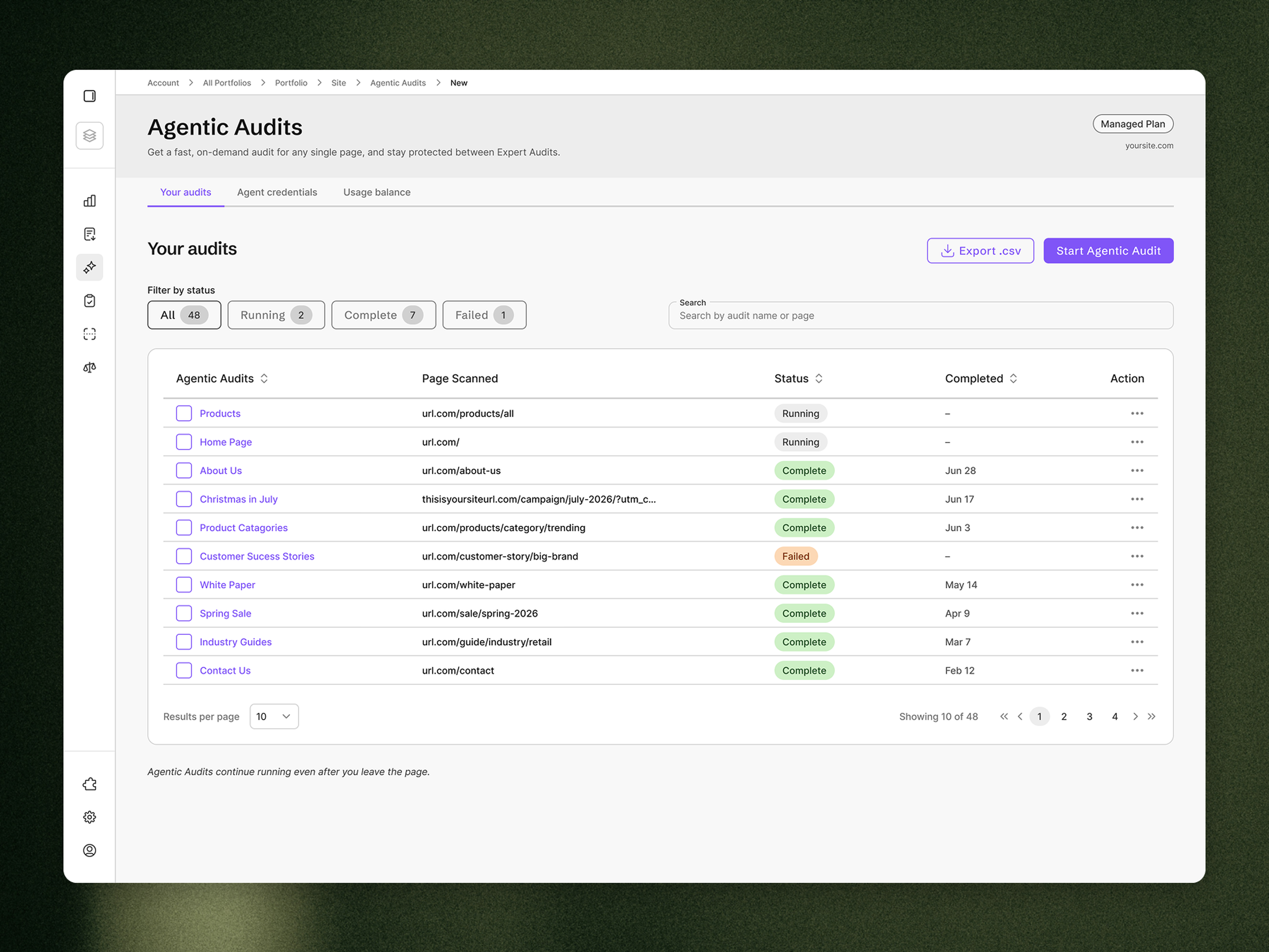Dashboard displaying Agentic Audits, listing various pages with their URLs, statuses, completion dates, and actions. Options to filter by status.