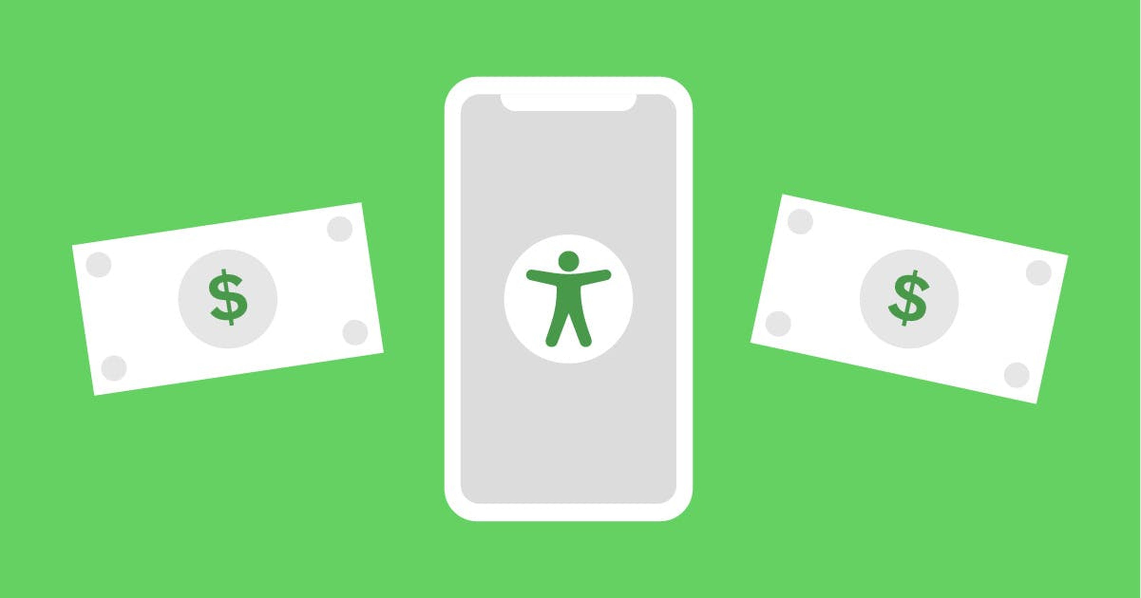 Illustration of a phone with an accessibility icon in the middle and two dollar bills on either side