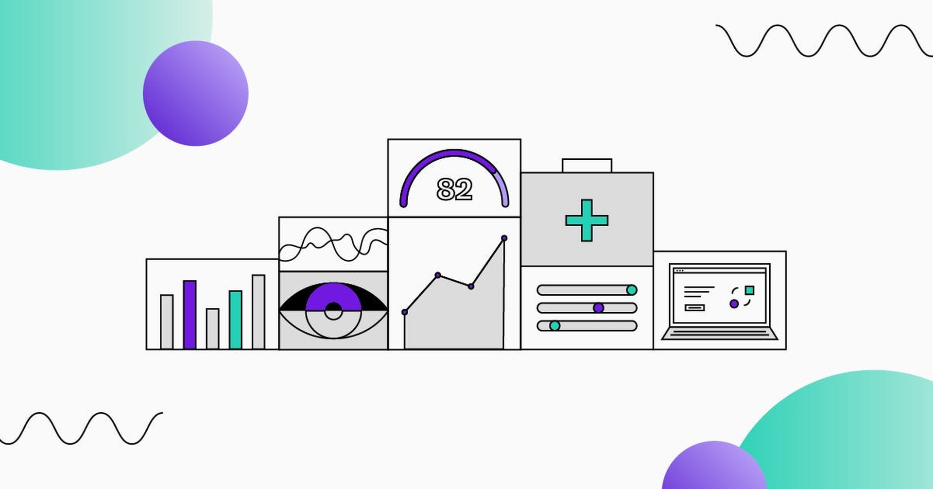 Boxes depicting bar graph, eye, line graph, two-line graph, scanner tool, plus sign, computer screen