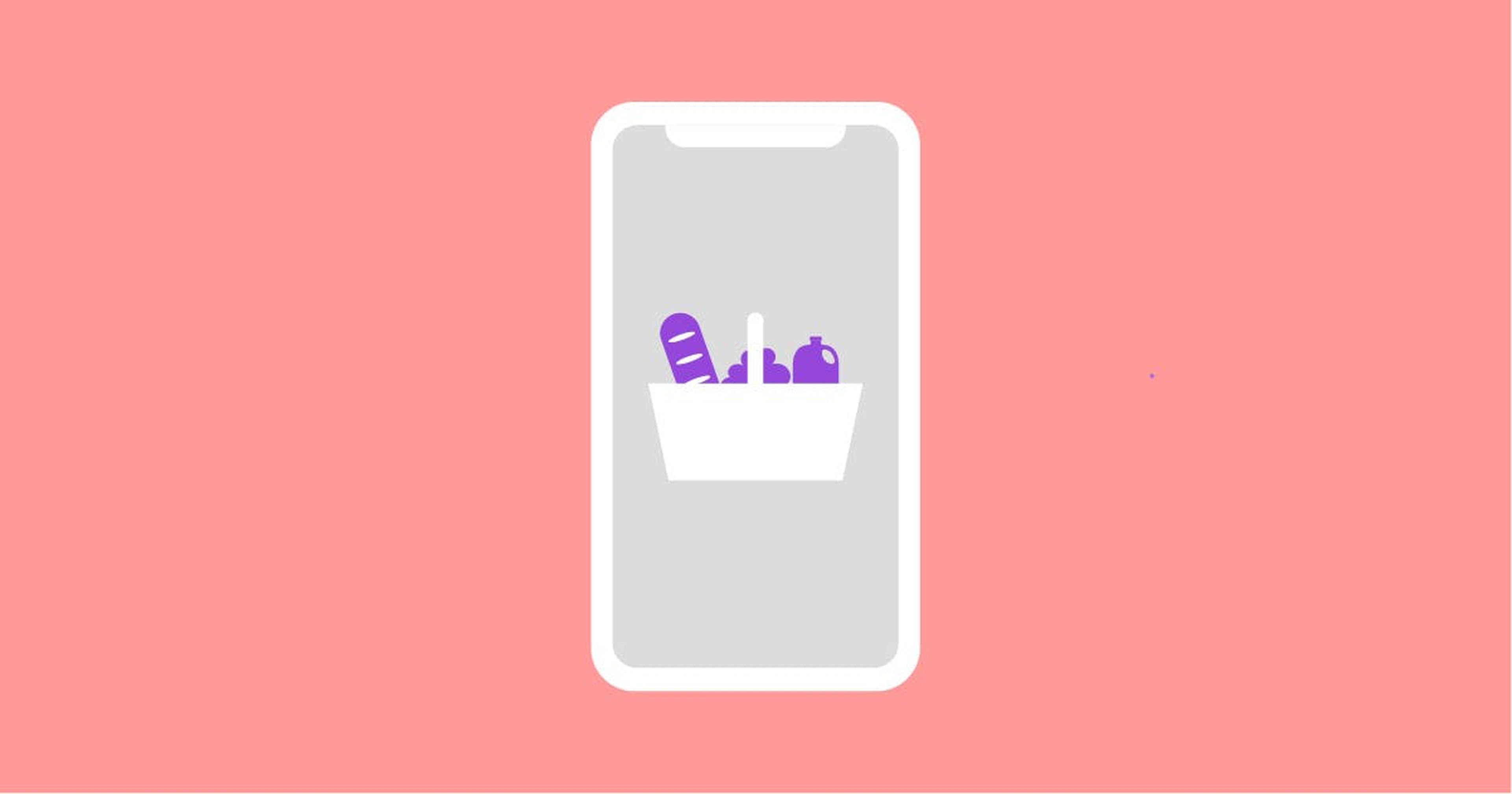 Illustration of a phone with a grocery basket filled with food and drinks inside