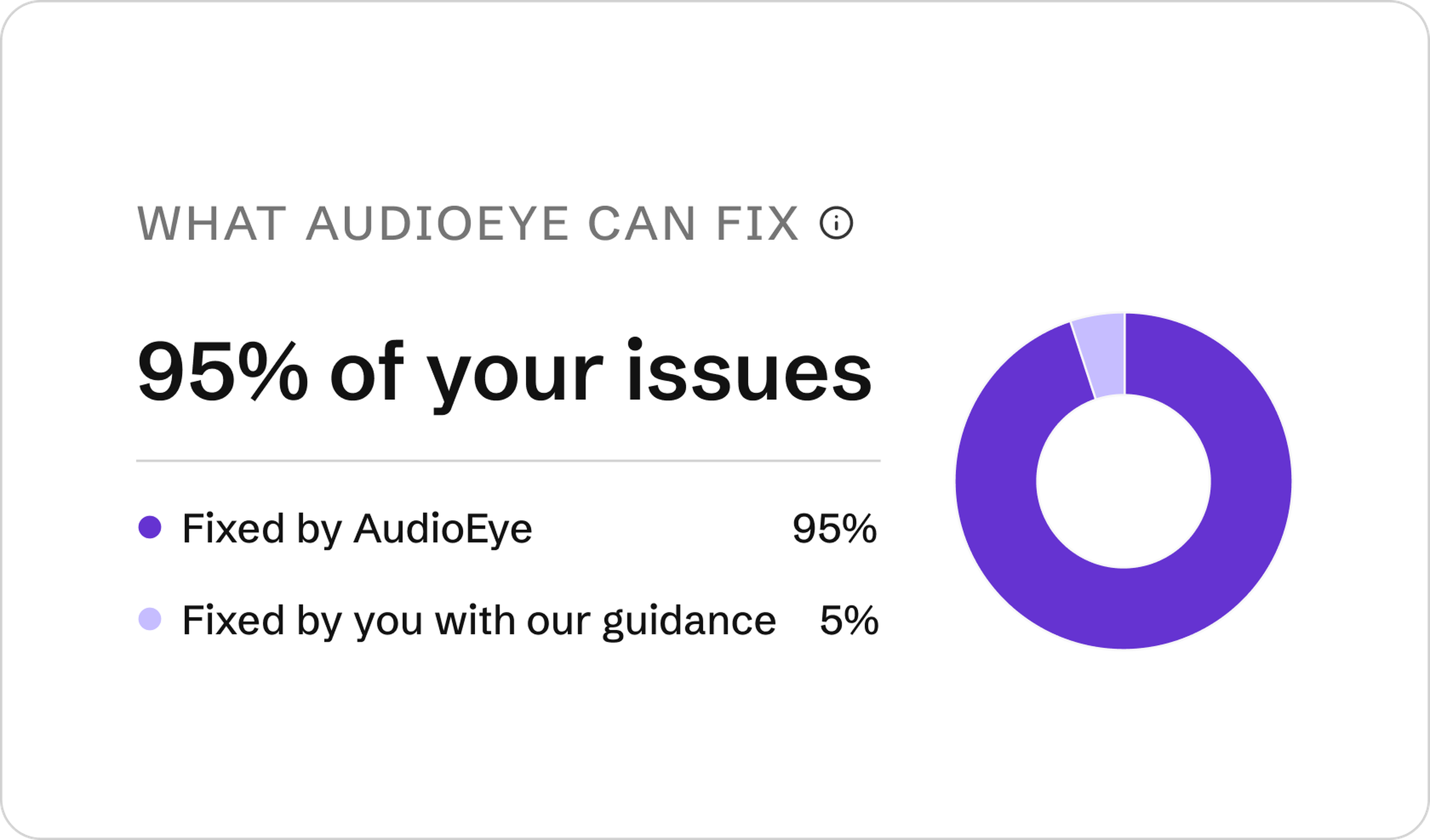 AudioEye fixes 95% of issues; a pie chart shows 95% fixed by AudioEye, 5% with guidance.